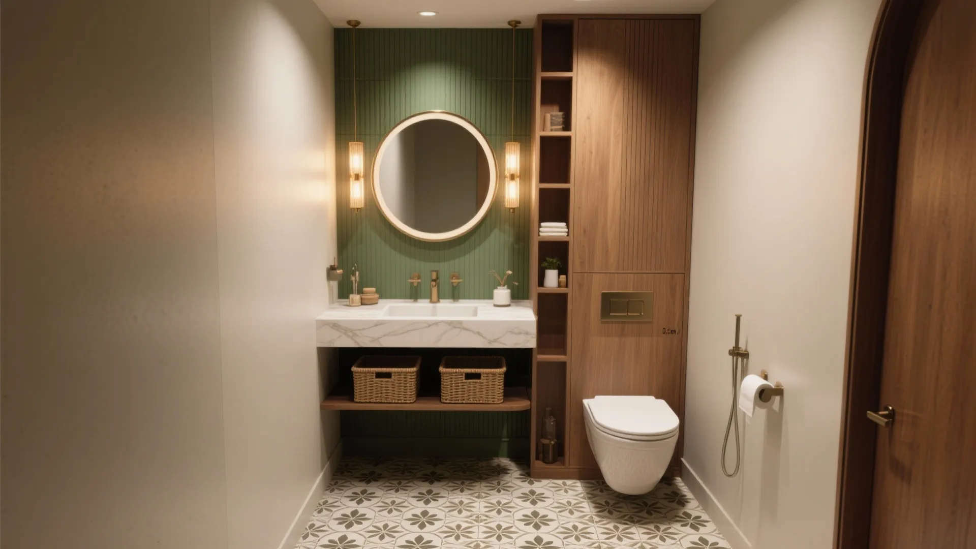 Modern bathroom featuring green wall panel, round mirror, white sink, wooden cabinet, and patterned floor