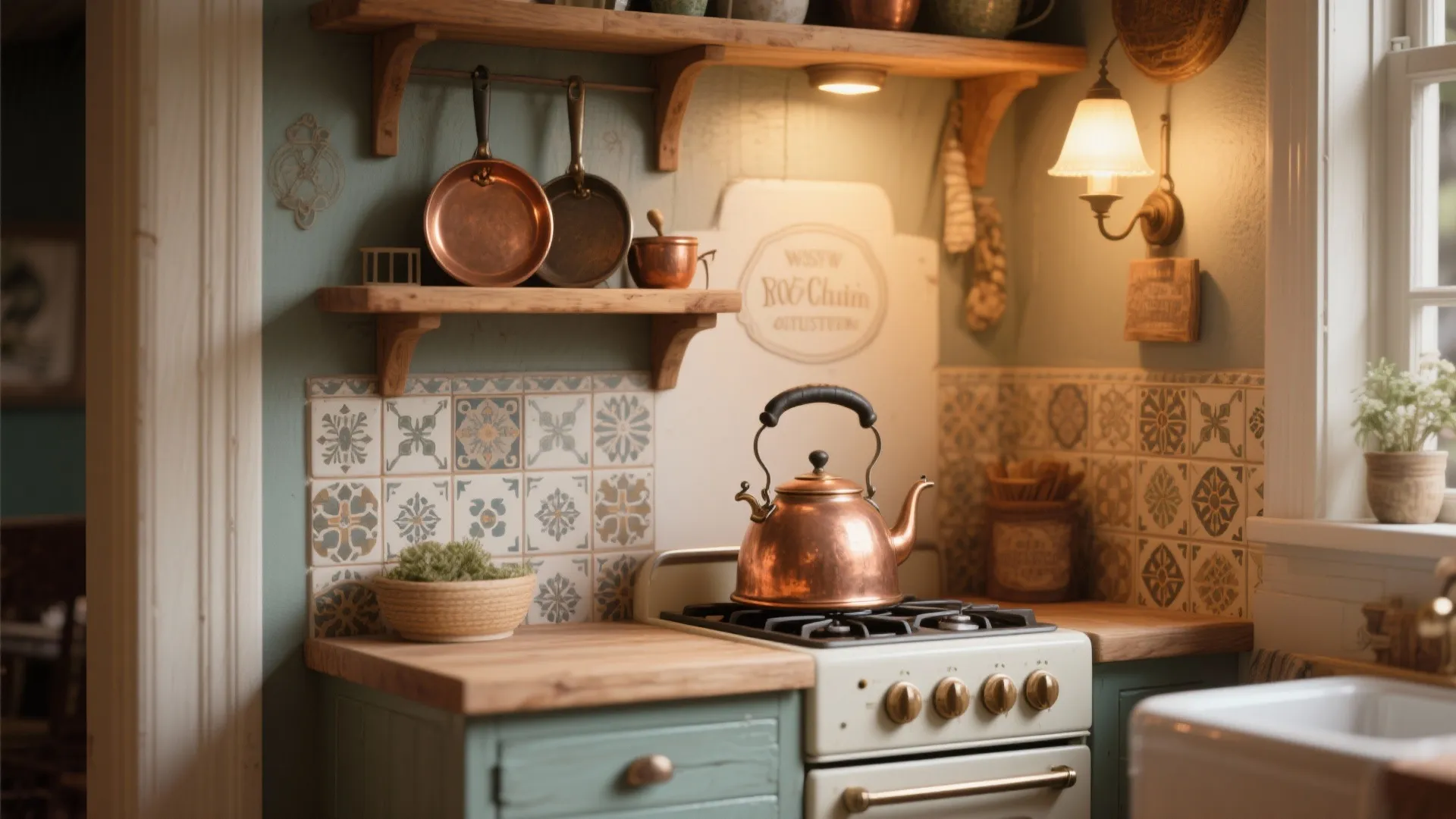 Vintage kitchen design featuring copper kettle on stove wooden shelves patterned tiles and warm wall light