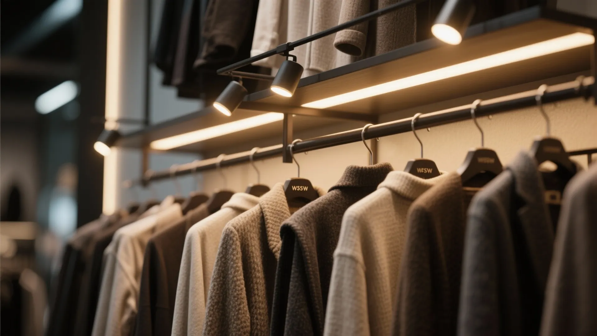 Close up of clothing store display with warm track lights shining on coats on hangers