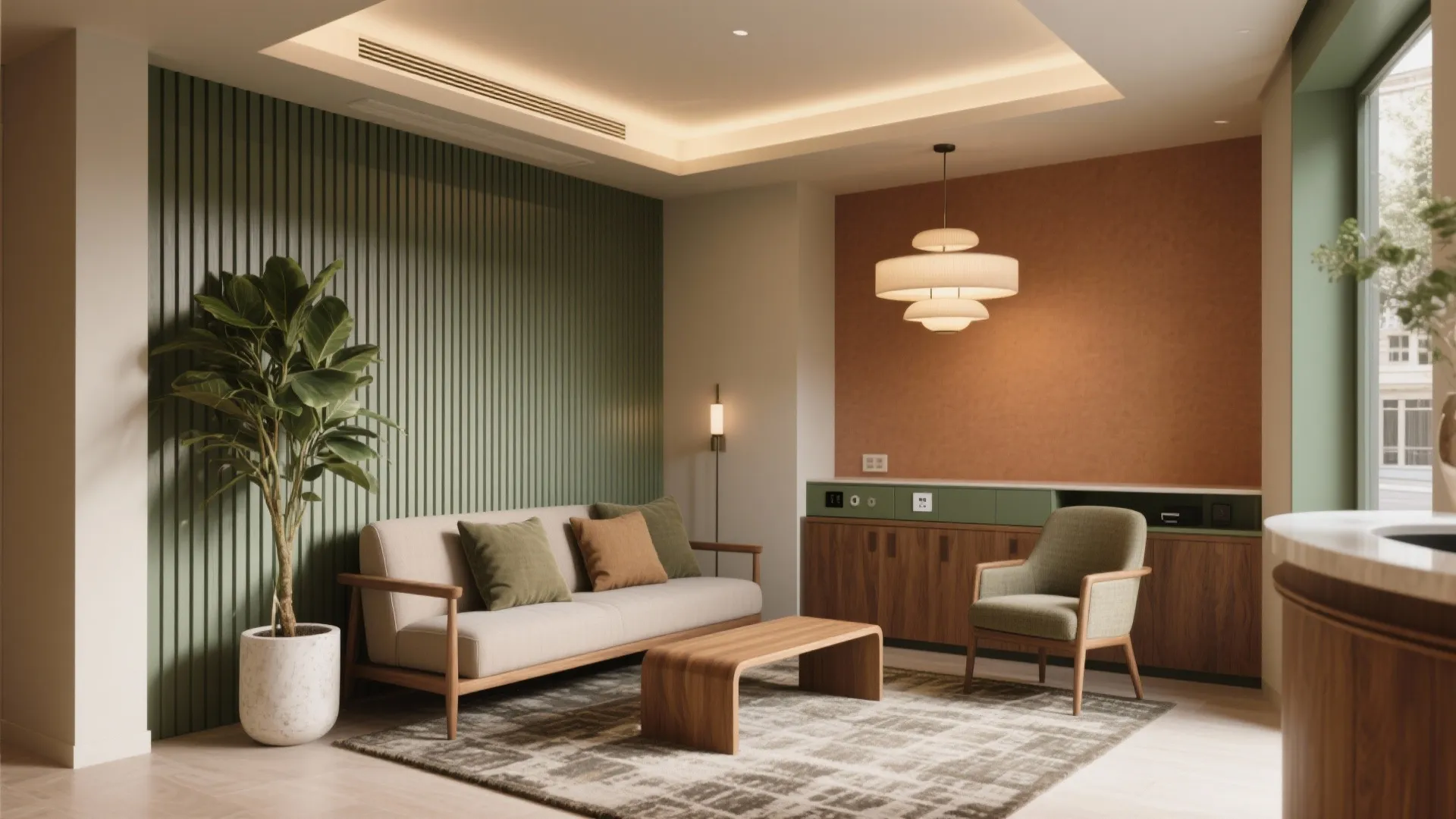 Modern living room with green wall panel wooden sofa low coffee table and warm ceiling light
