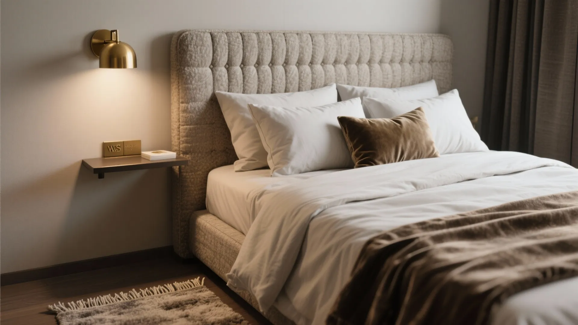 Beige textured headboard with white pillows brown blanket gold wall light and small bedside shelf