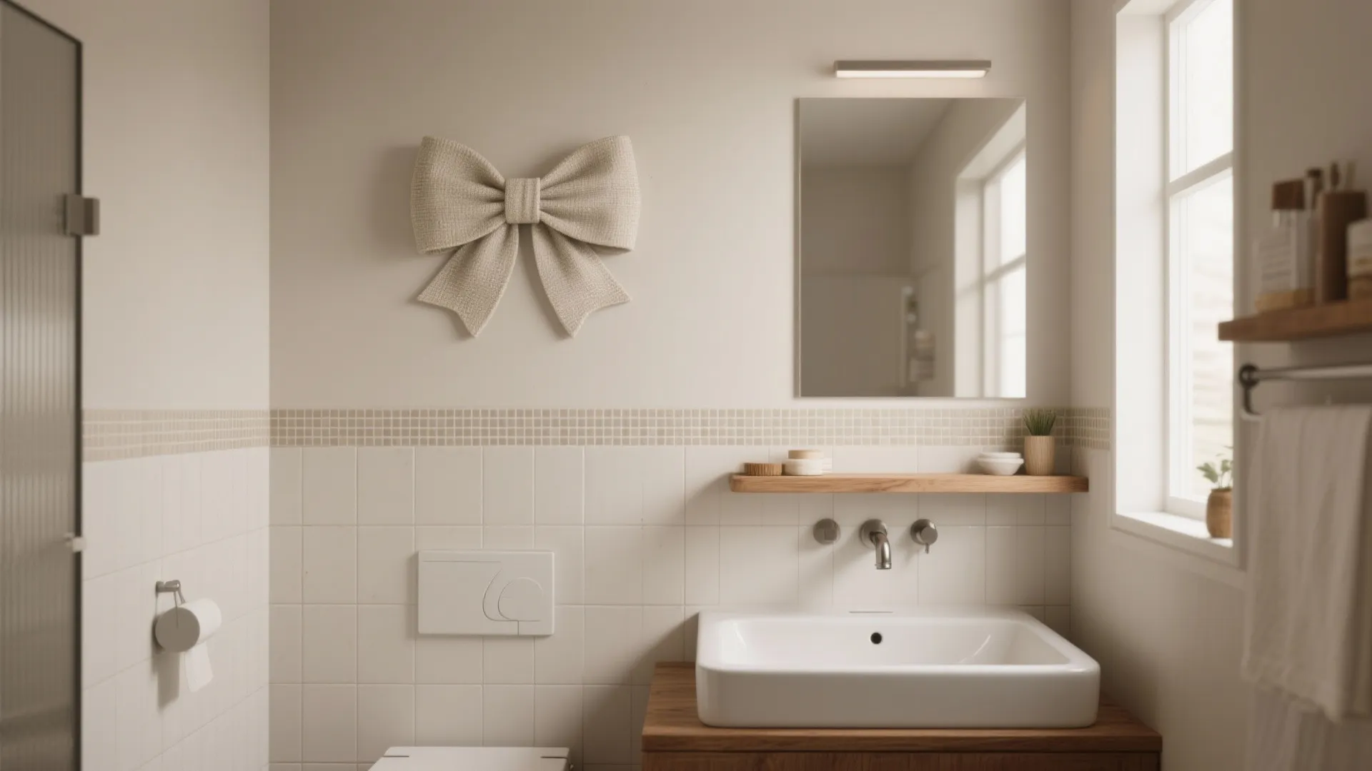 Modern bathroom with white tiles a large bow wall decoration mirror sink and wooden shelf