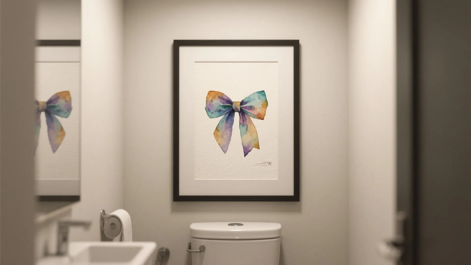 Minimalist bathroom with a framed colorful bow painting hanging on the wall above the toilet