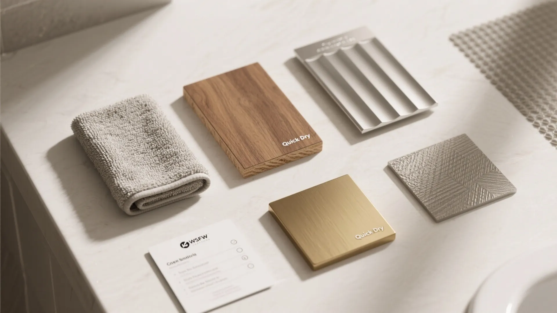 Interior design materials including wood samples metal finishes a small towel and a white card