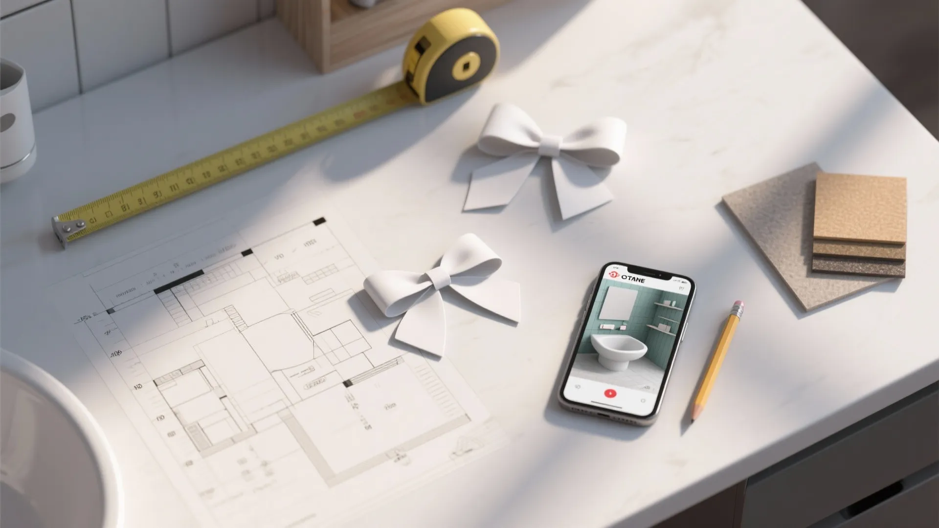 Interior design workspace with floor plan yellow tape measure smartphone showing room design and white bows
