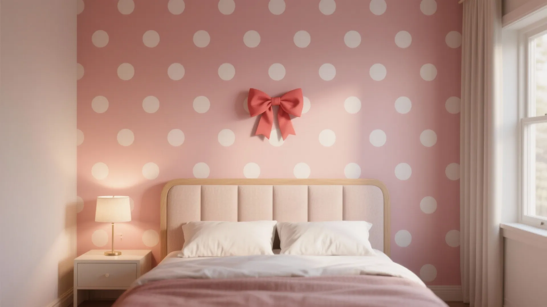 Feature blush accent wall with oversized white polka dots and a subtle bow motif above an upholstered headboard.