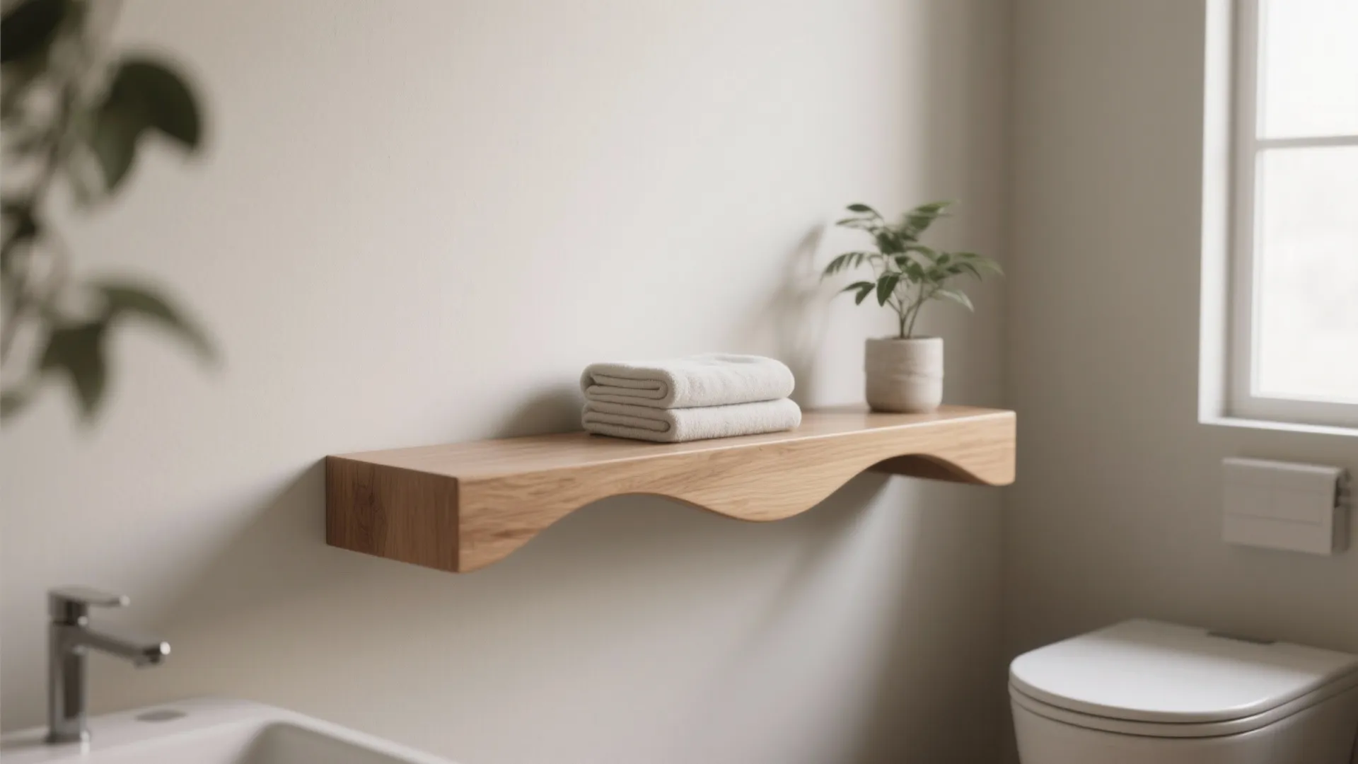 Wavy wooden wall shelf with white towels and a small green plant in a bathroom