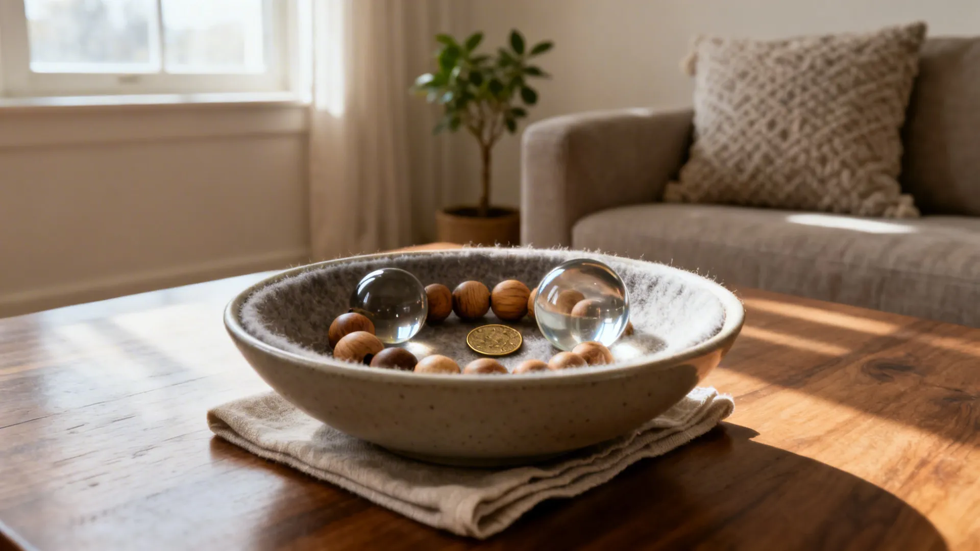 Decorative bowl with glass spheres and wooden beads on a wooden table in a living room