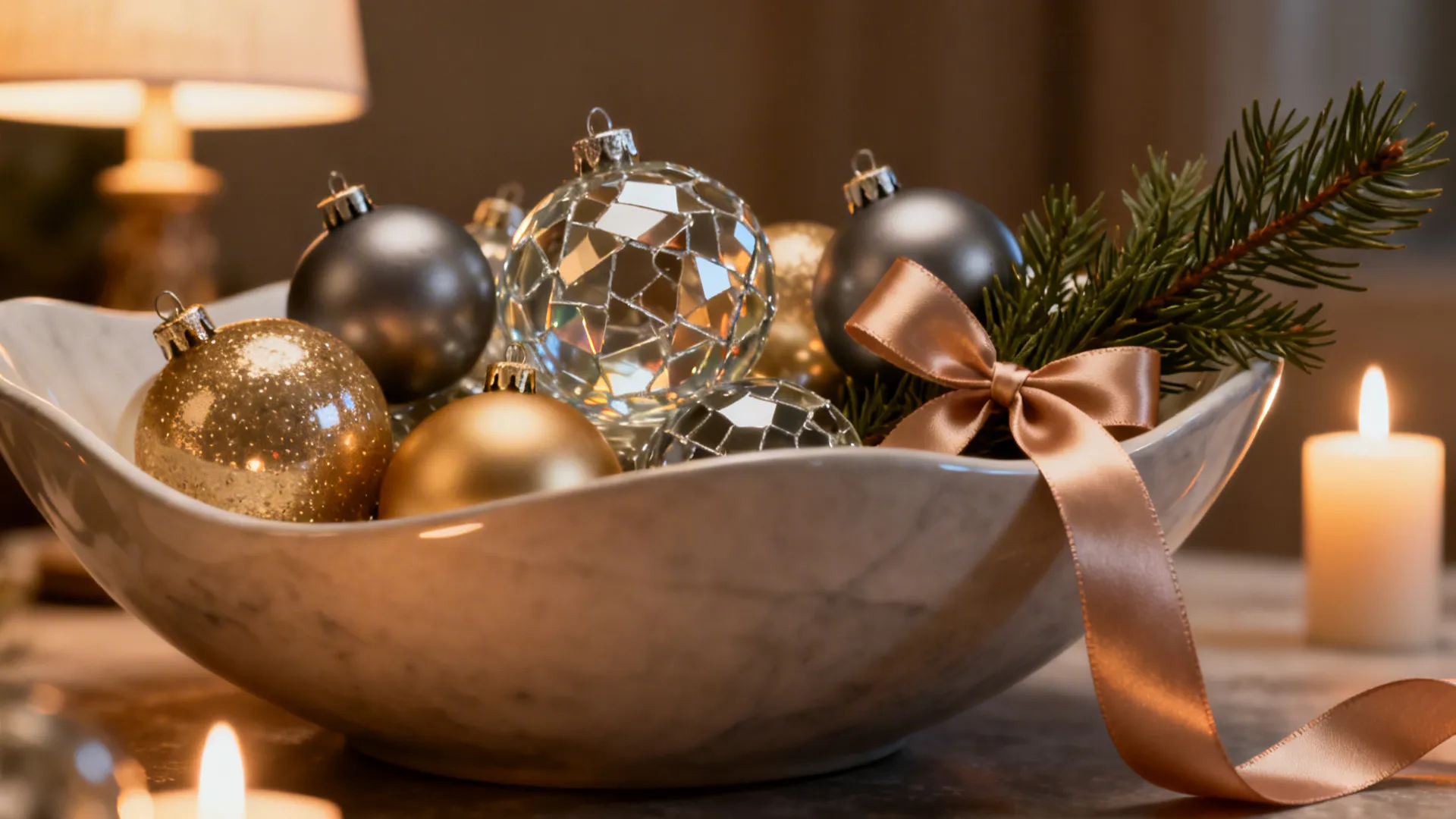 Macro of a sculptural bowl with metallic ornaments and cedar under warm light.