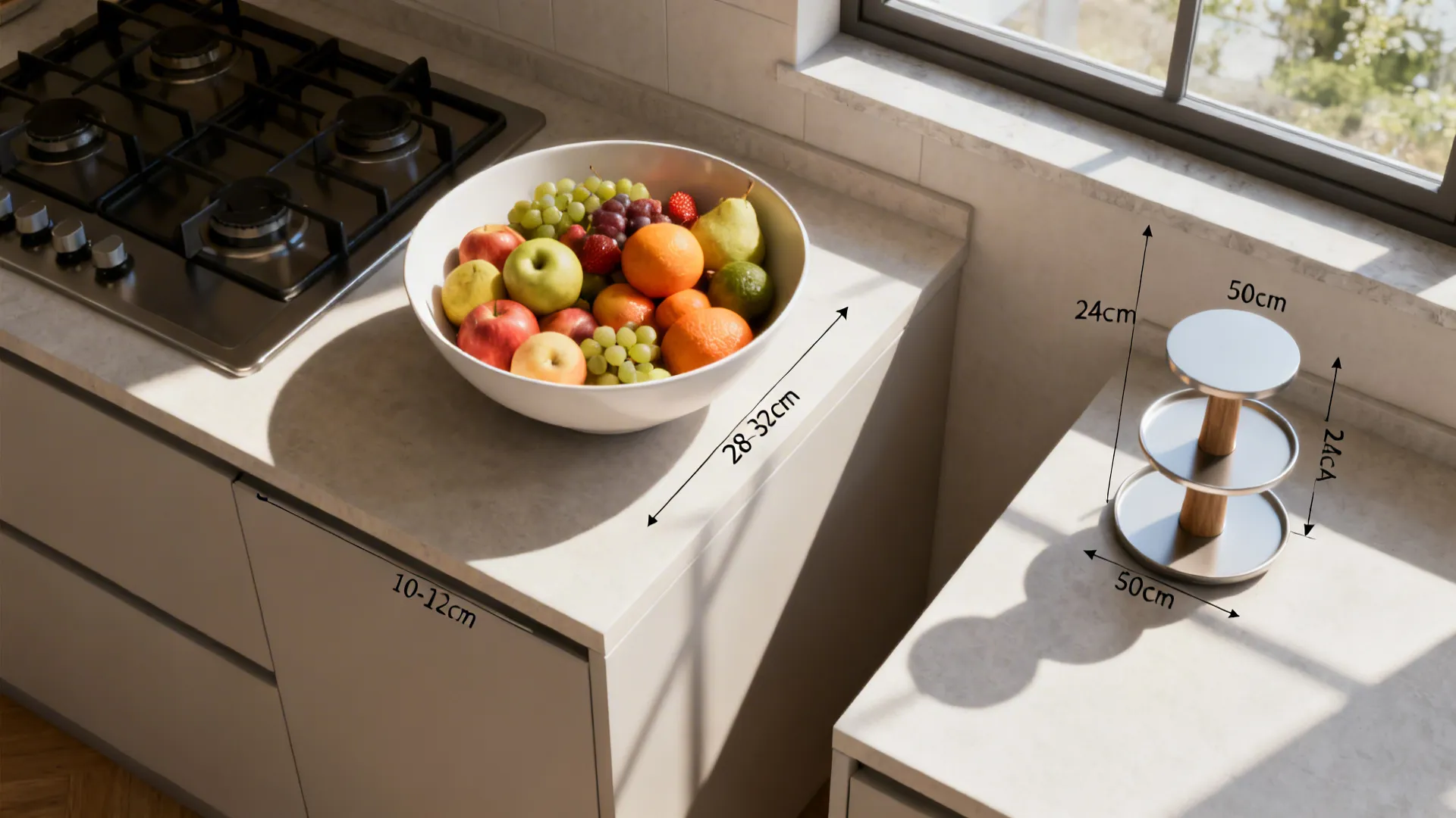 Top-down scene showing ideal bowl sizes and placements away from heat and sun.
