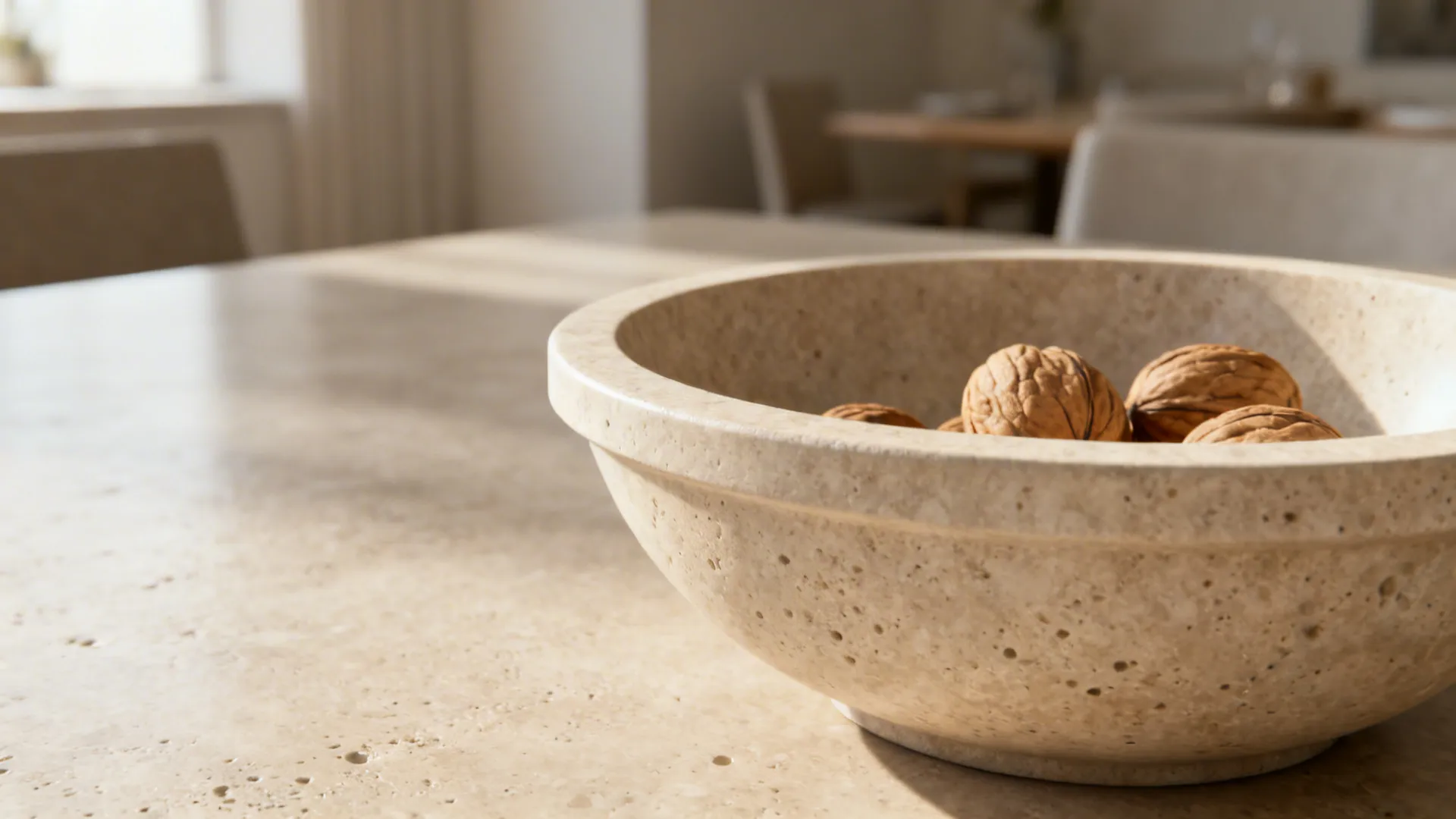 Macro detail of a matte stone-look bowl with walnuts showing subtle texture.