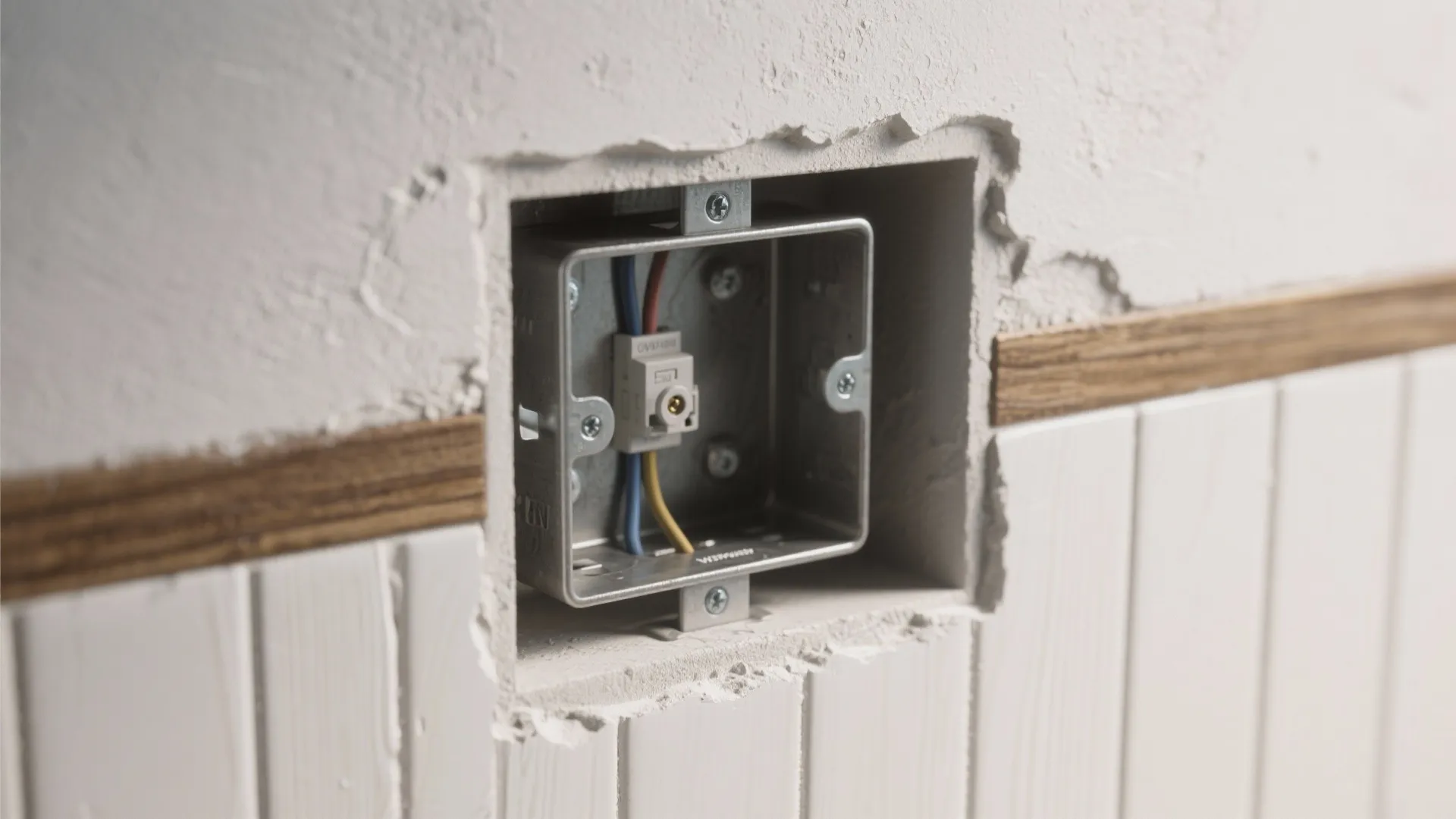 Metal electrical wall box installed inside a white wall with wiring and white wood paneling