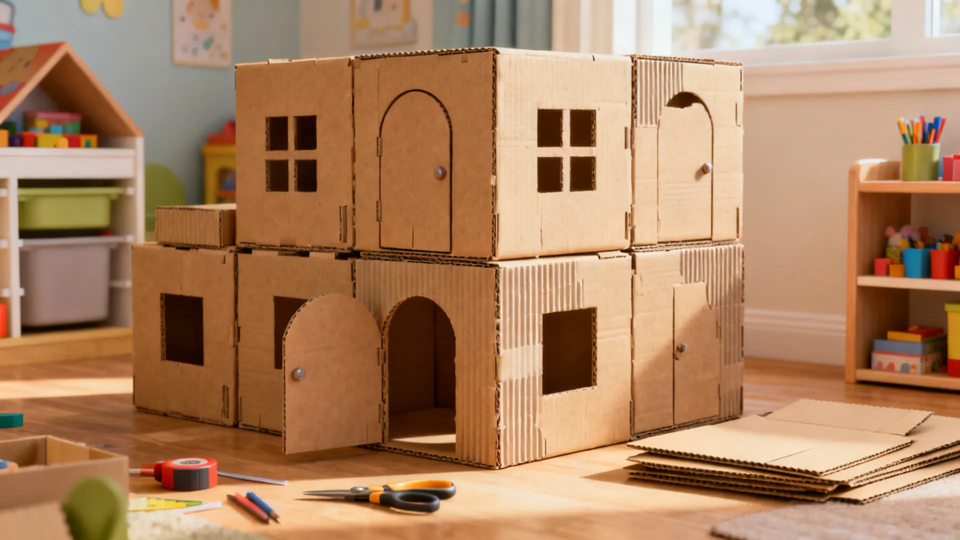 Miniature house built using stacked cardboard boxes with small doors and windows on wooden floor