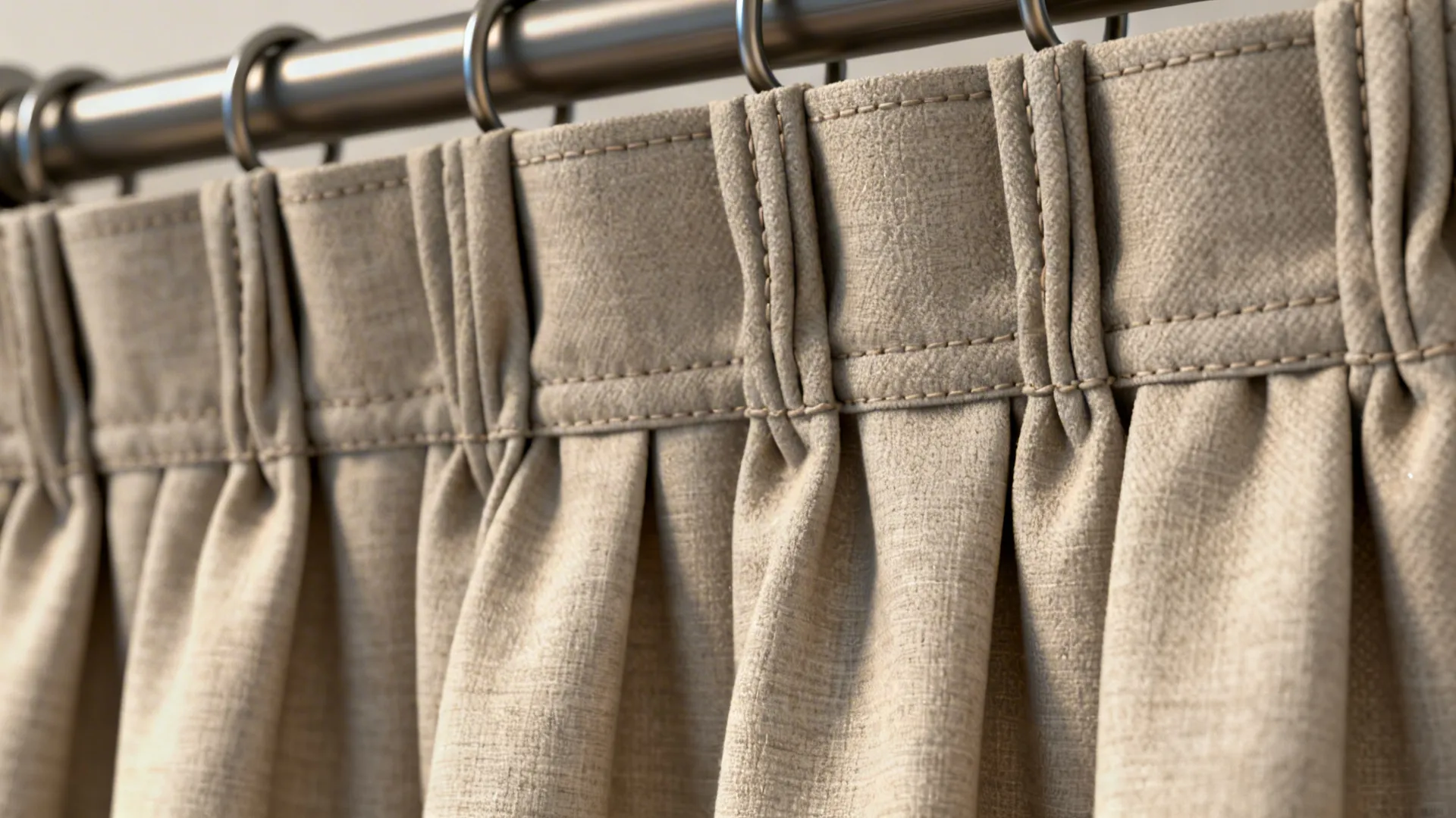 Close-up of box-pleat short curtain showing neat folds and stitching.