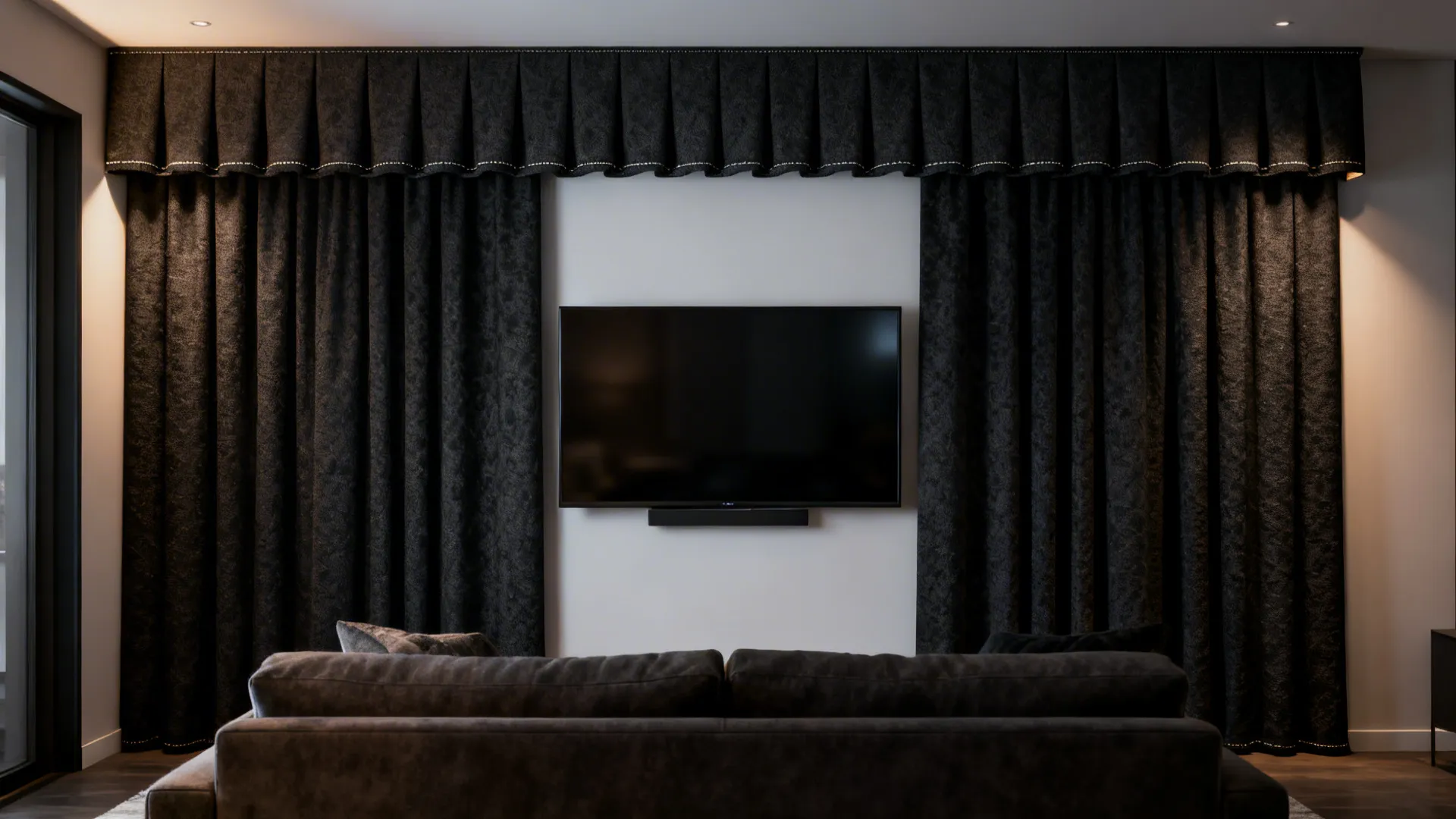 Dark grey curtain with top valance framing a wall mounted television in a living room