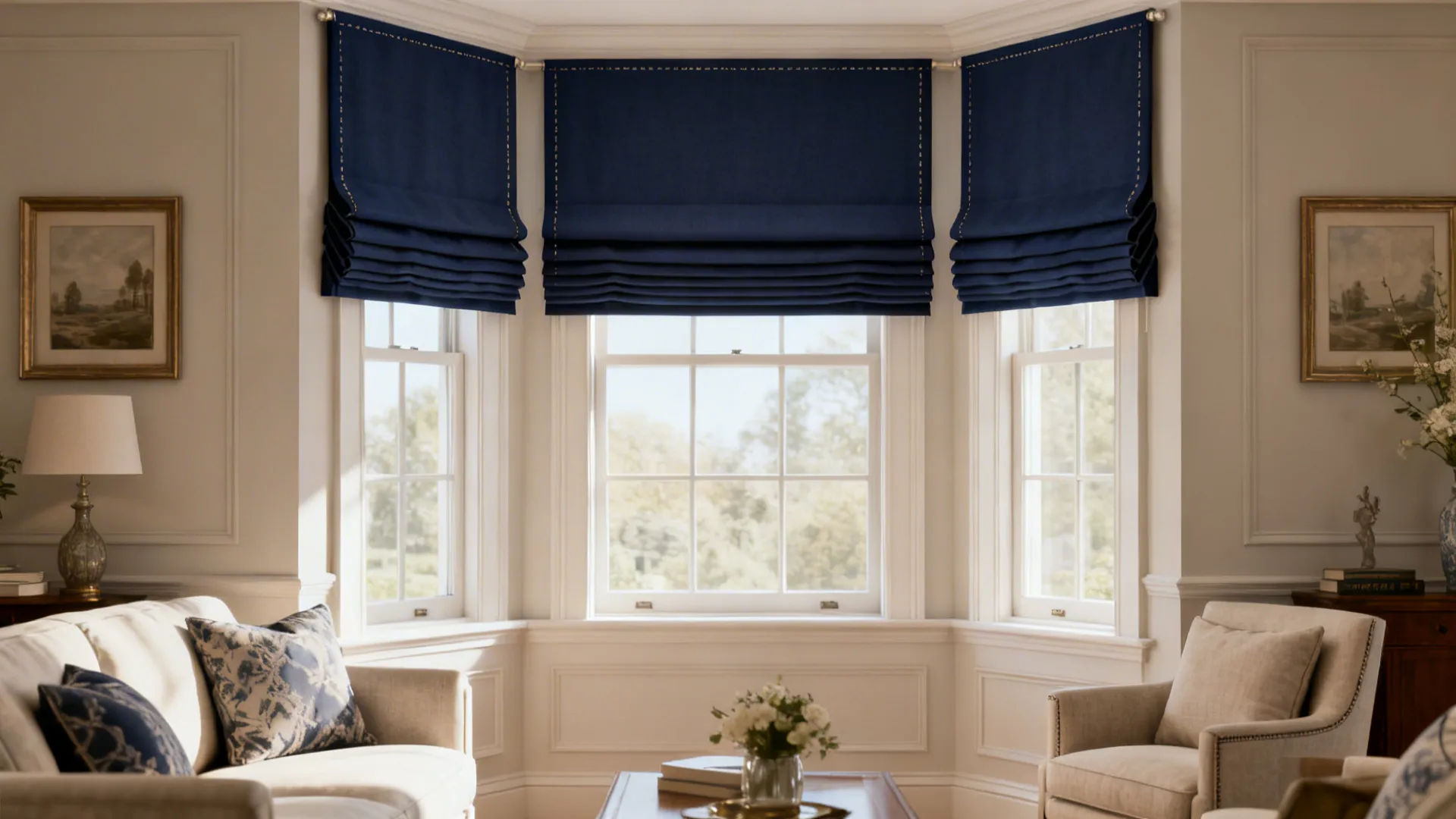 Three navy blue curtains on bay window in bright living room with sofas and vase