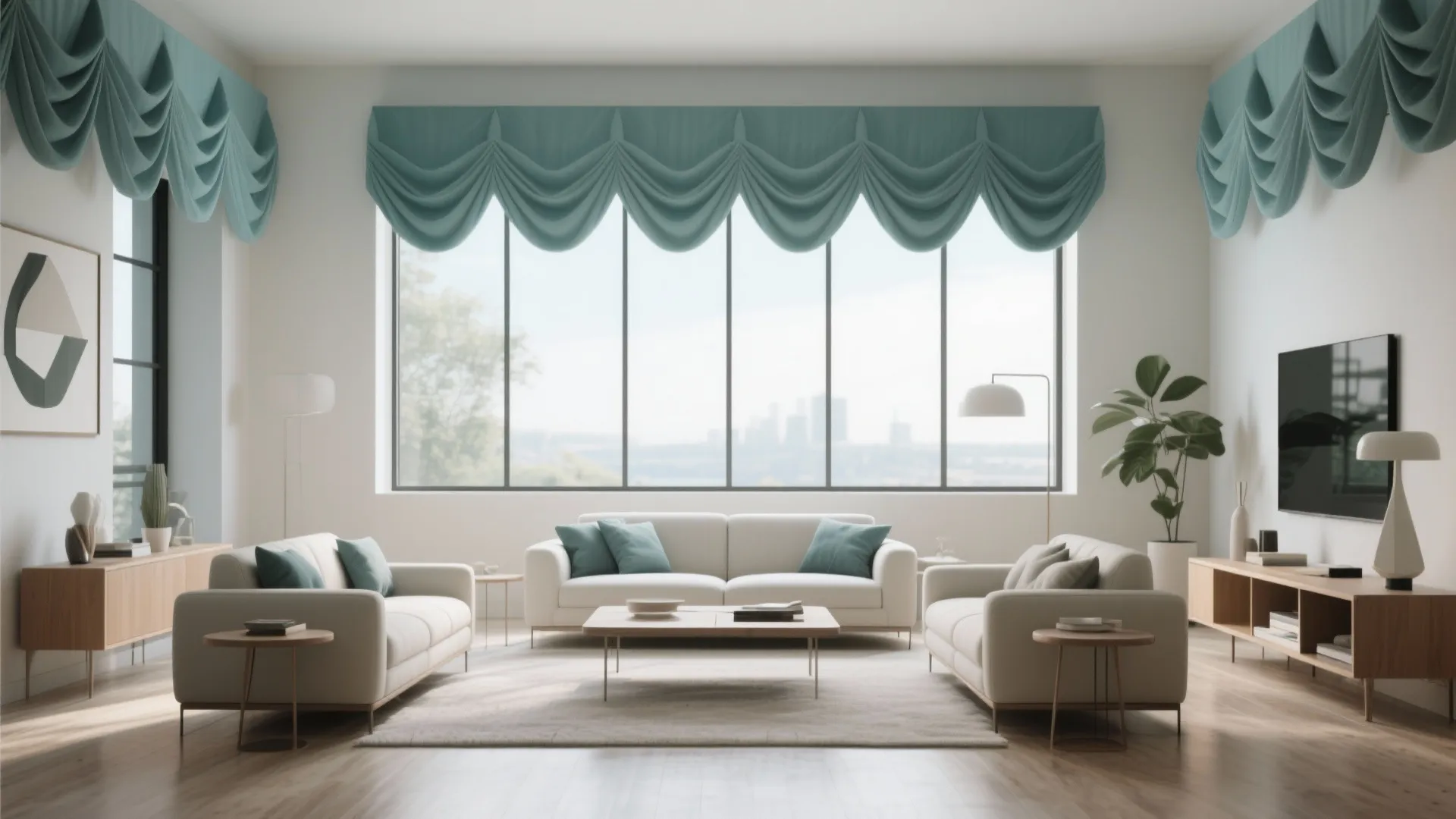 Mid-century modern living room with muted teal box pleat valance