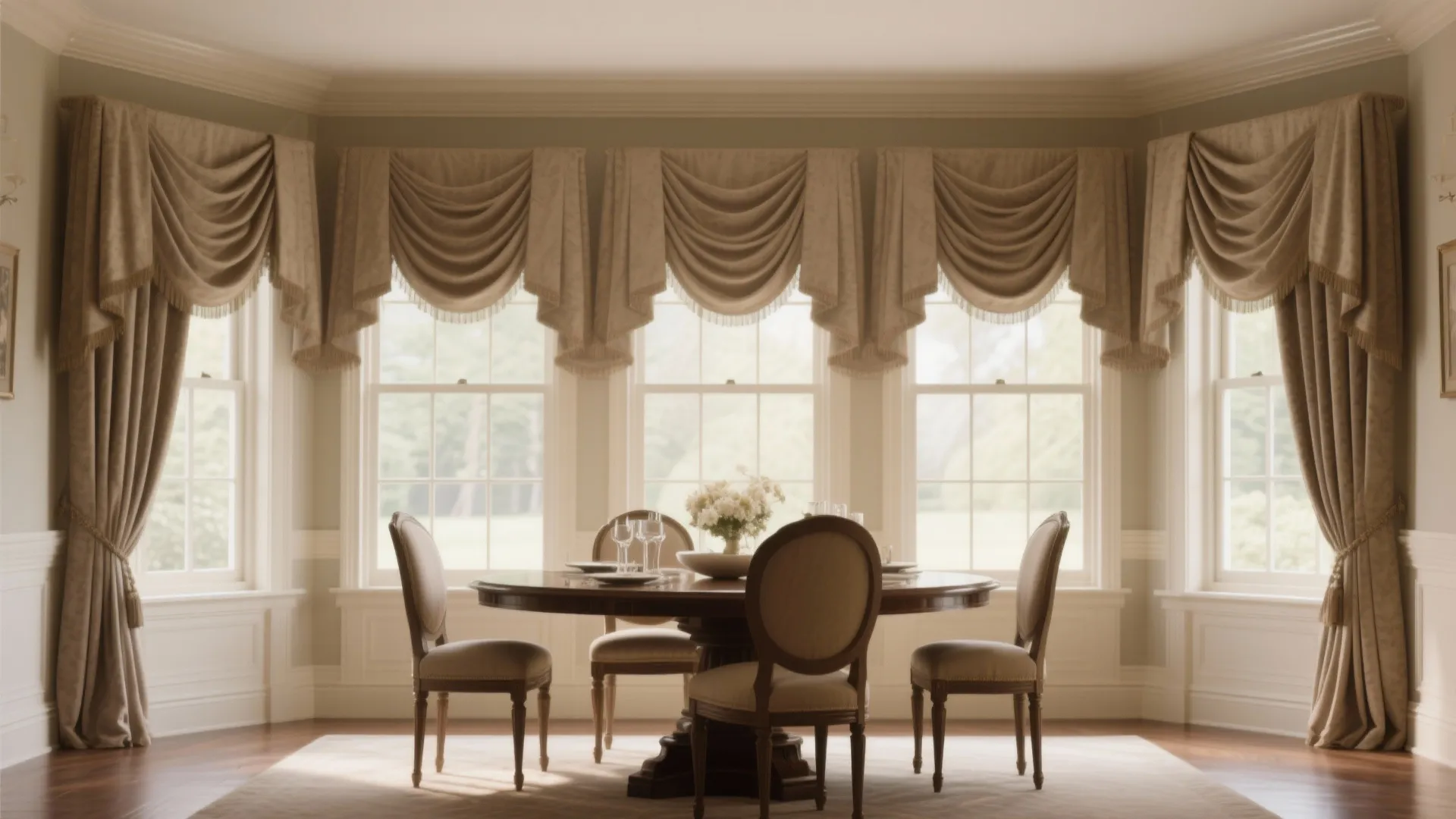 Classic box pleat valances in a formal dining room setting