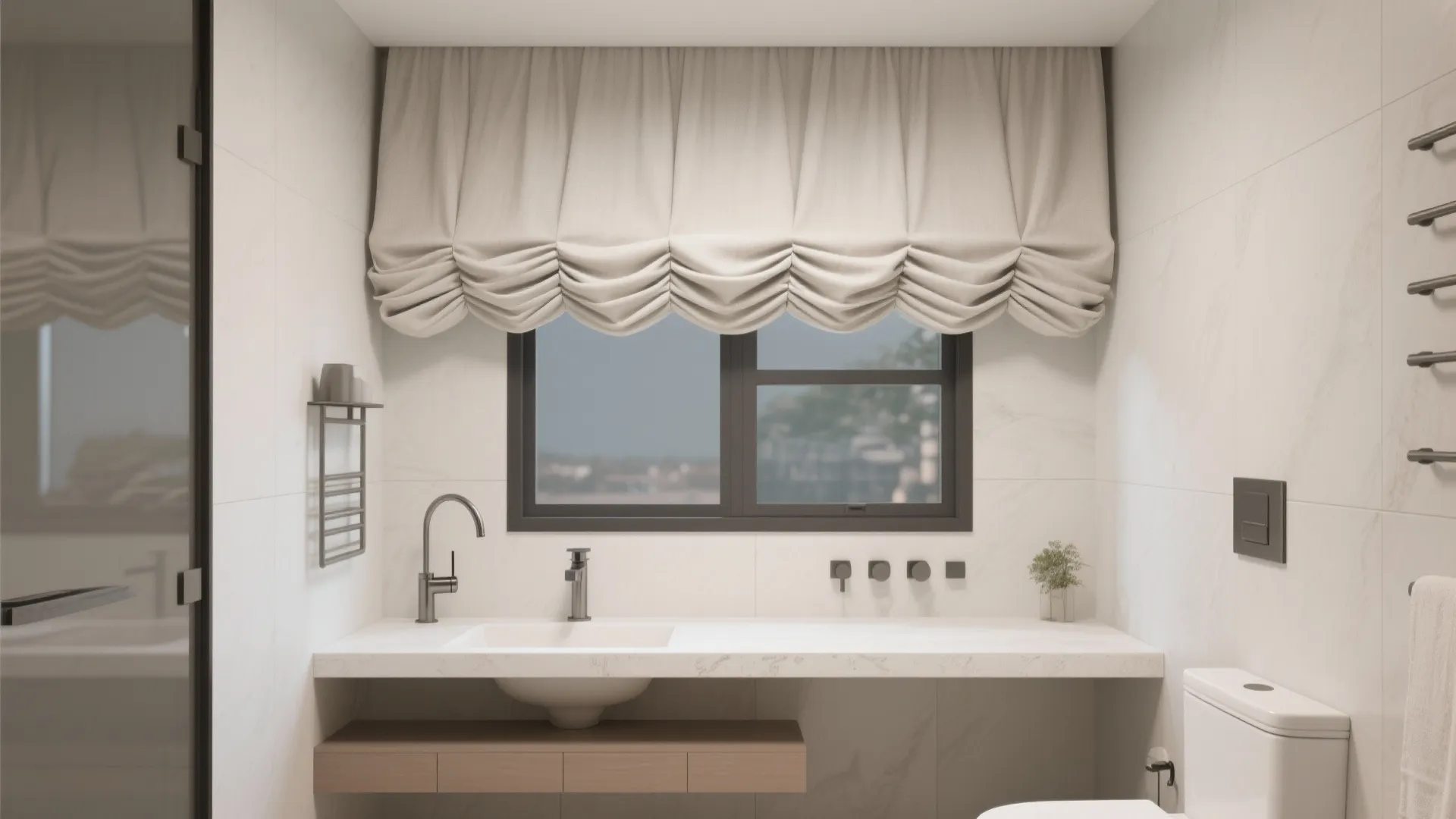 Modern bathroom interior with white marble tiles and beige pleated curtain above a large sink