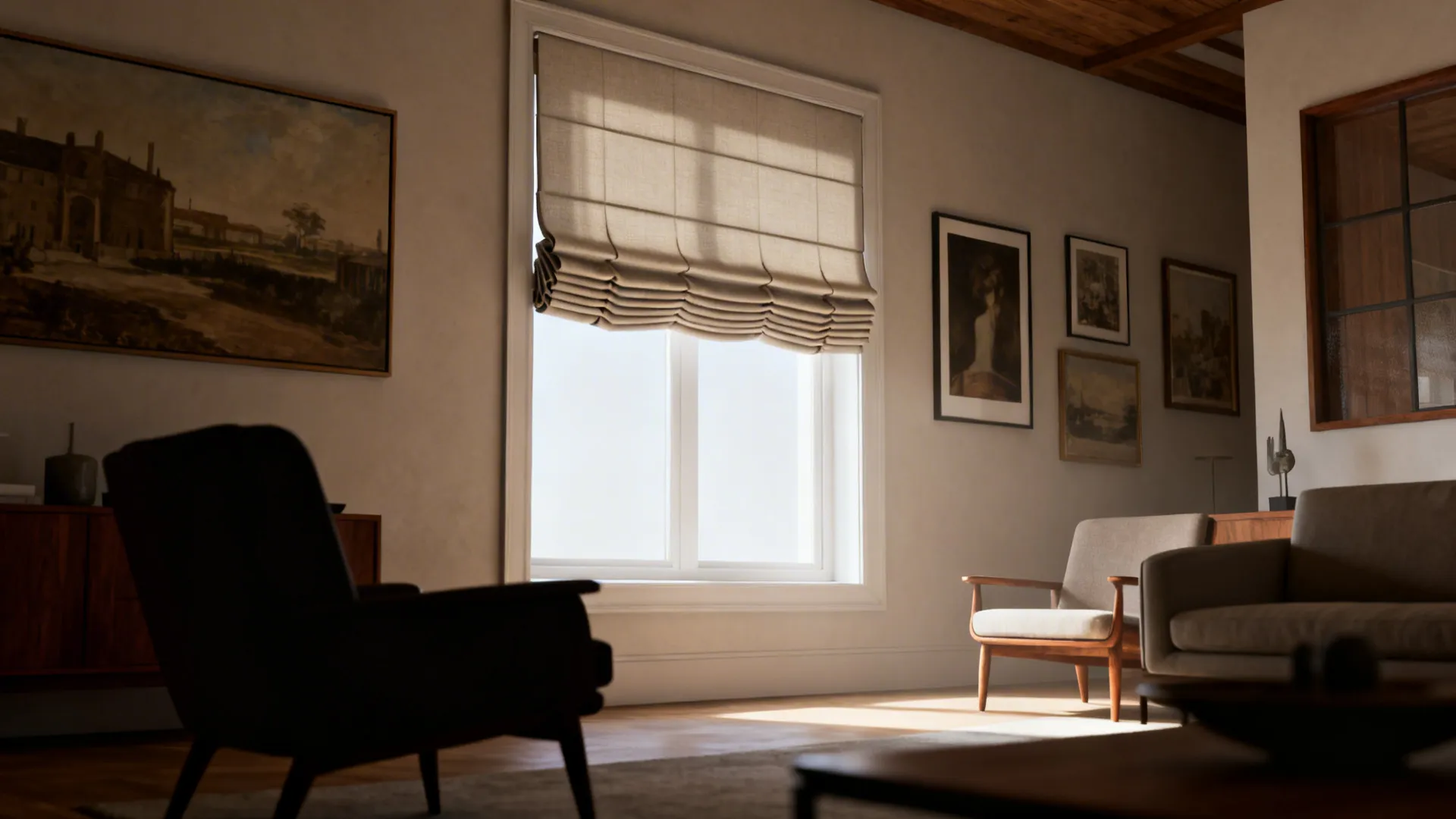 Contemporary living room with a crisp box-pleat valance and mid-century furniture.