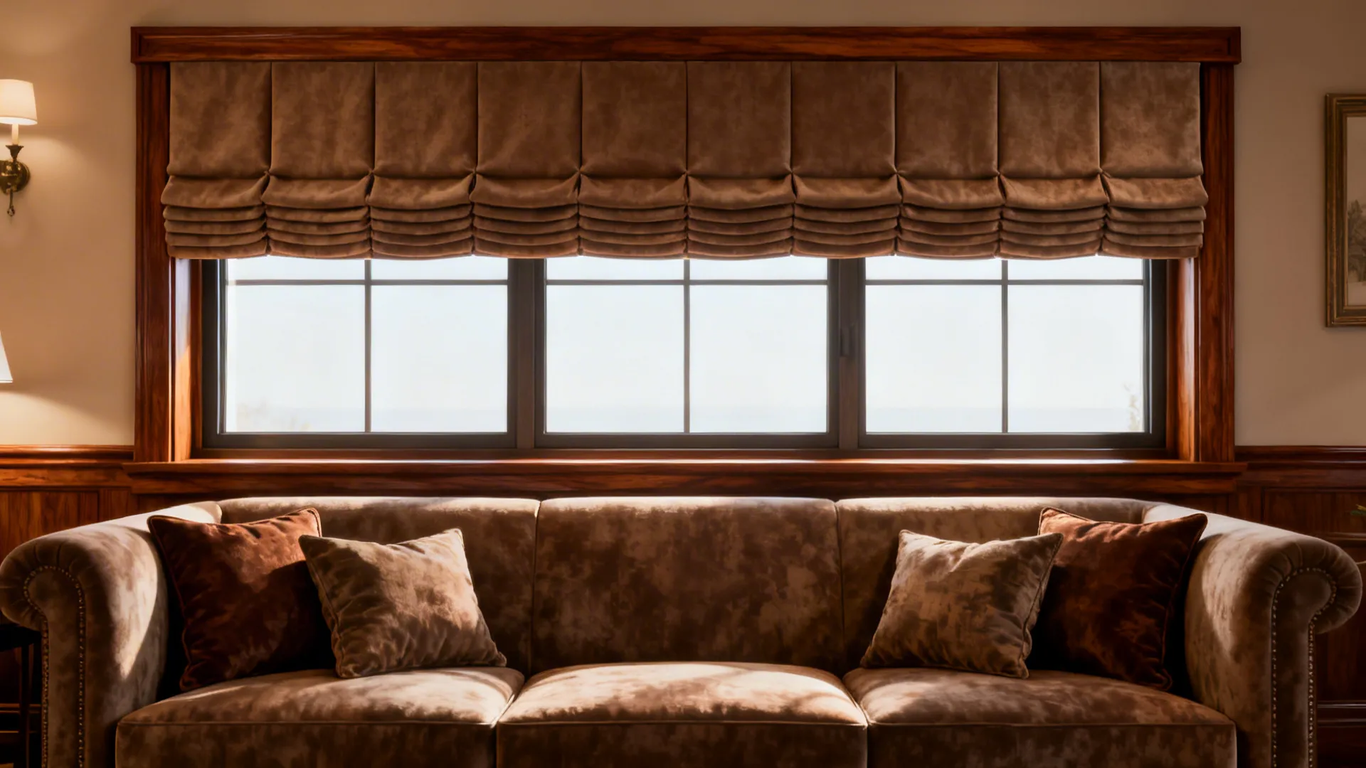 Elegant living room with a box-pleated upholstered valance coordinating with sofa fabrics