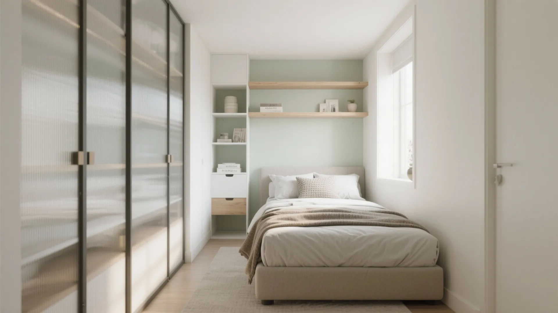 Small bedroom with a single bed and built-in cabinet and glass door wardrobe and shelves