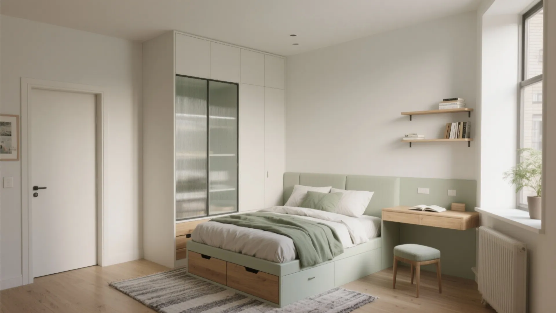 Modern green and white bedroom with a built in desk small footrest and large cabinet