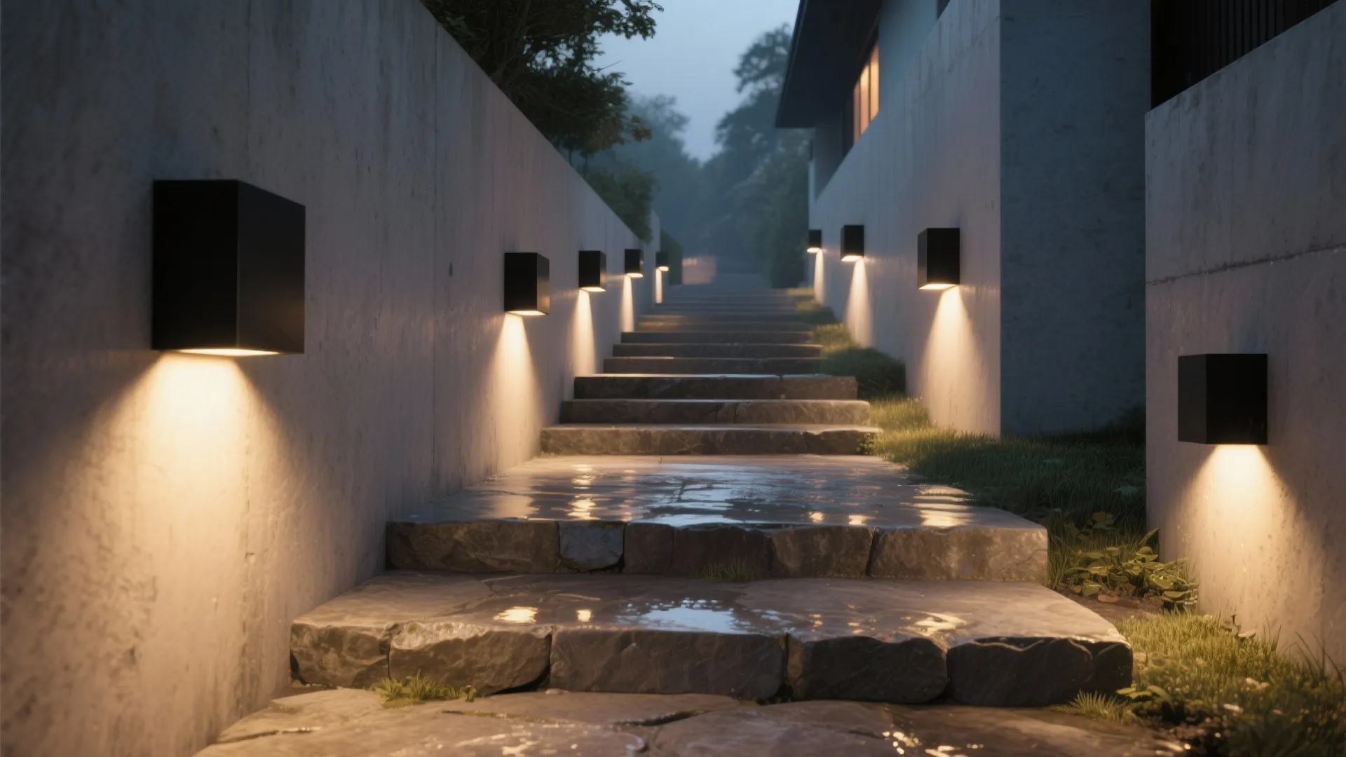 3. Minimalist Box Sconces for Stairways and Pathways