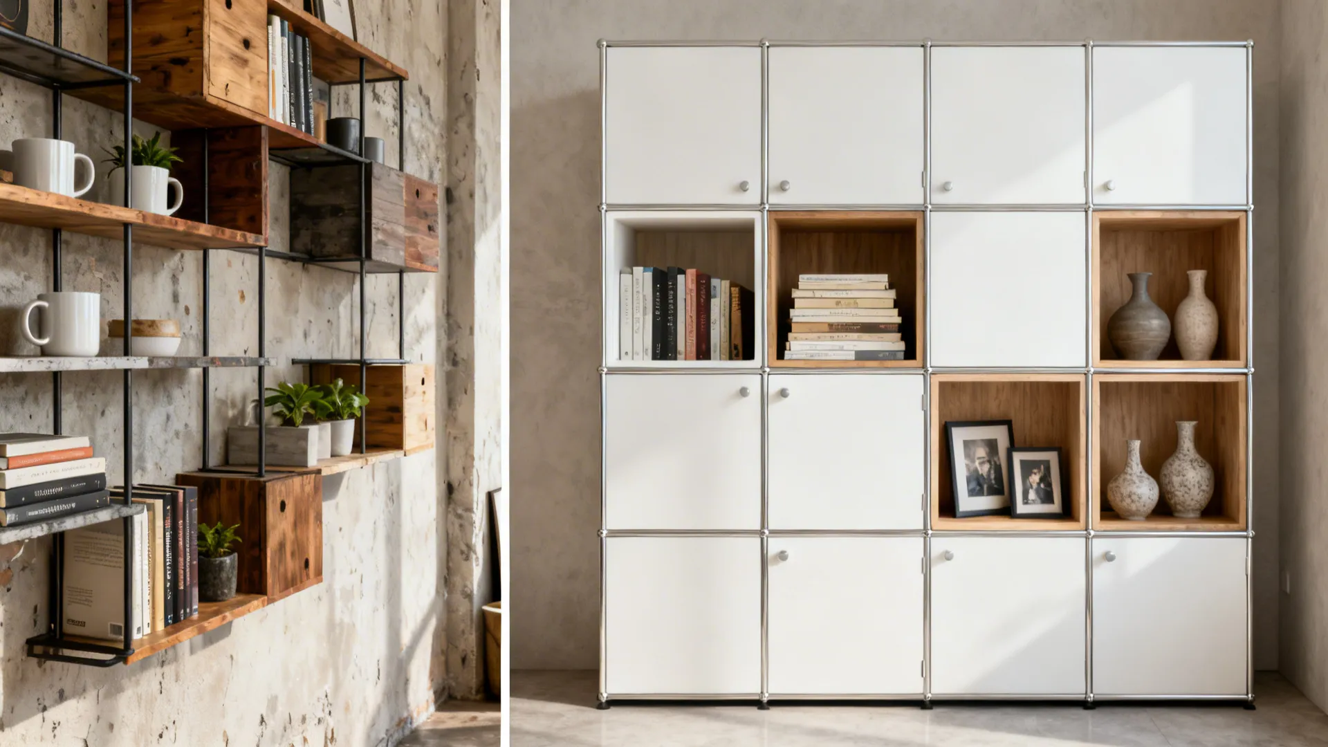 Before-and-after of a cluttered wall transformed into neat box shelves with open niches.