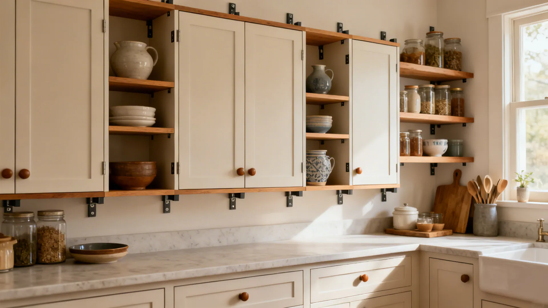 Hybrid box shelves with closed cabinets and open niches displaying ceramics in a family kitchen.