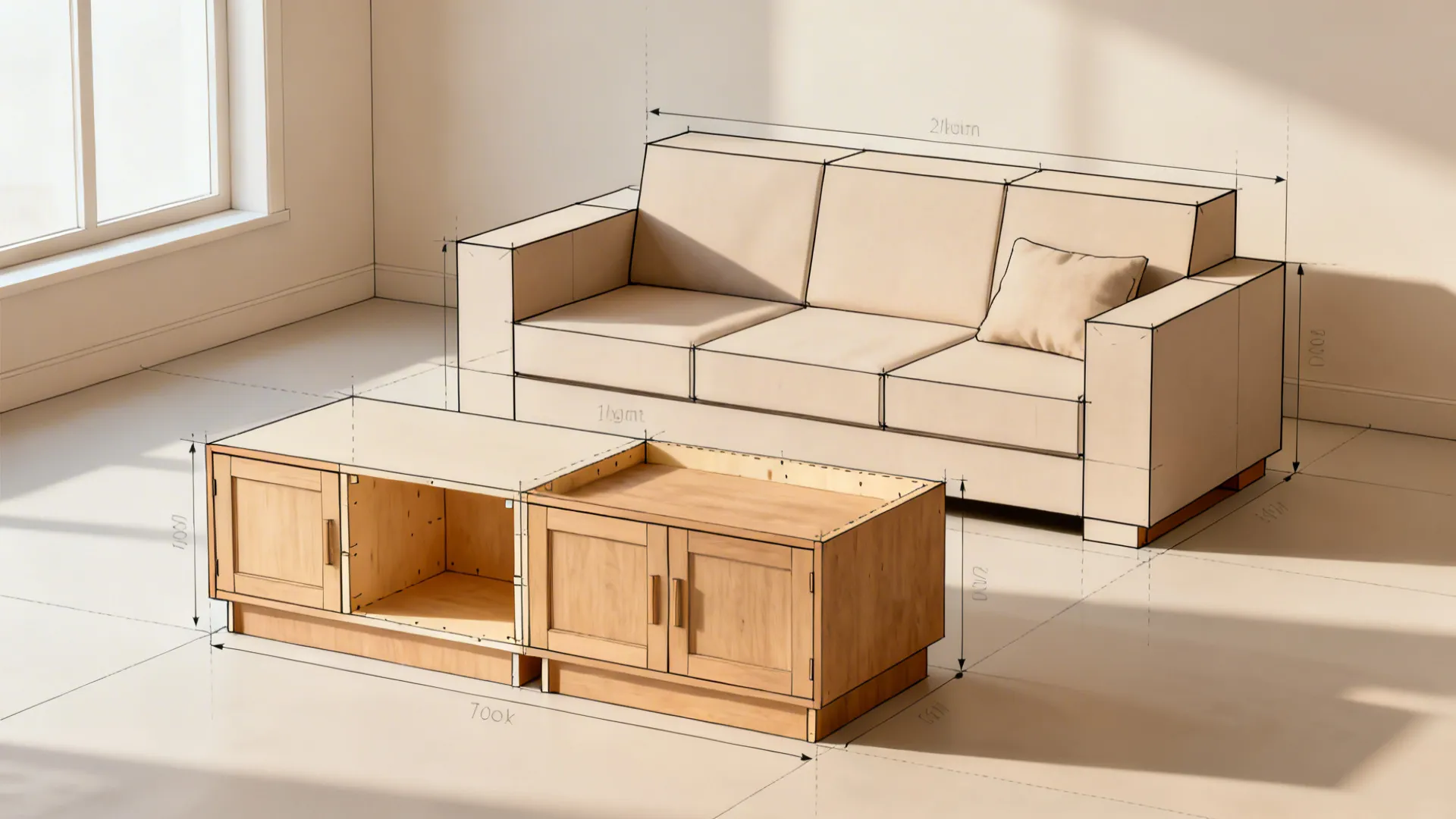 Furniture built from box forms then subdivided into sofa and cabinet details in 2-point perspective.