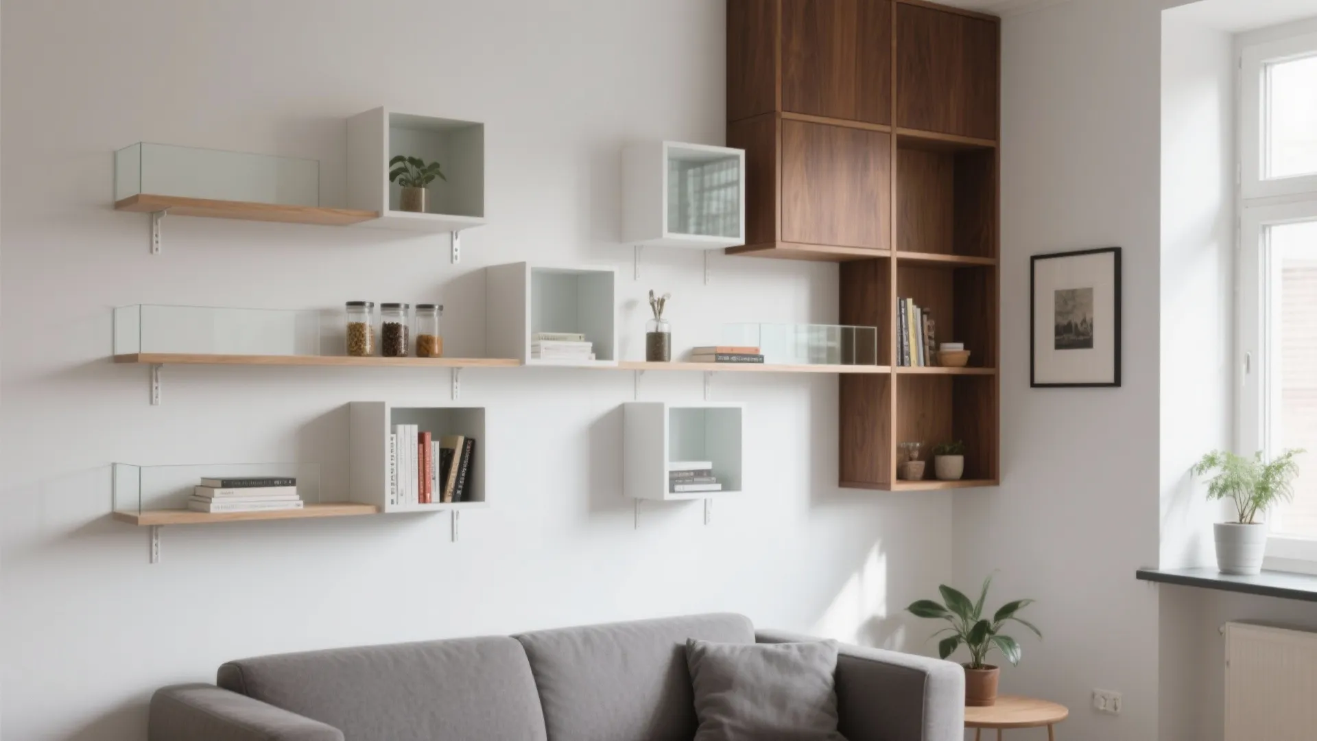 Modern living room wall with white shelves, wooden cabinets, books, green plants, and grey sofa