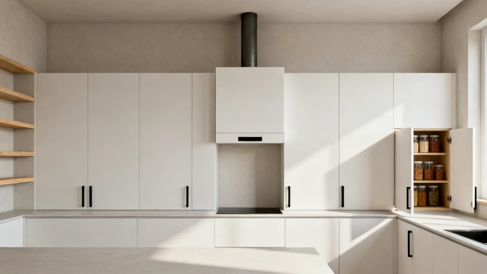Modern white kitchen cabinets with vent and open shelves showing glass spice jars inside cabinet