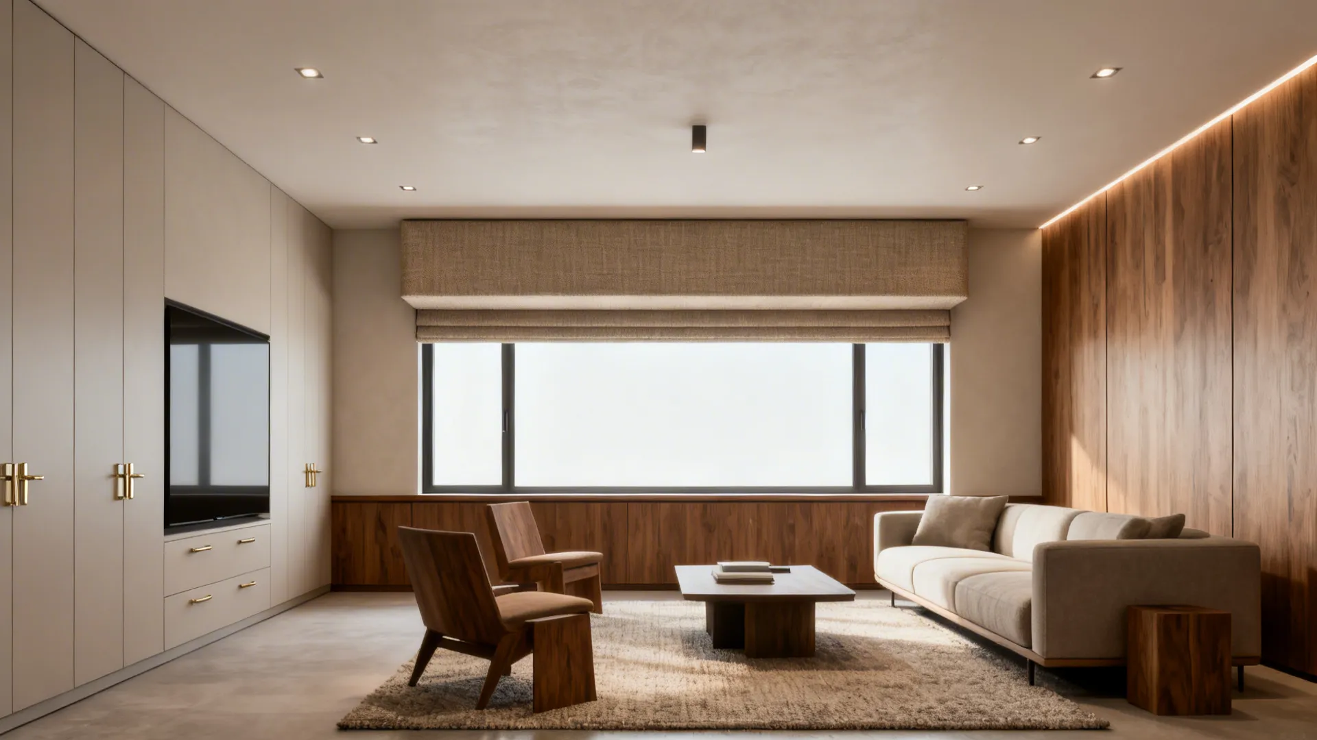 Modern living room featuring wood wall panel a grey sofa and fabric curtain over window