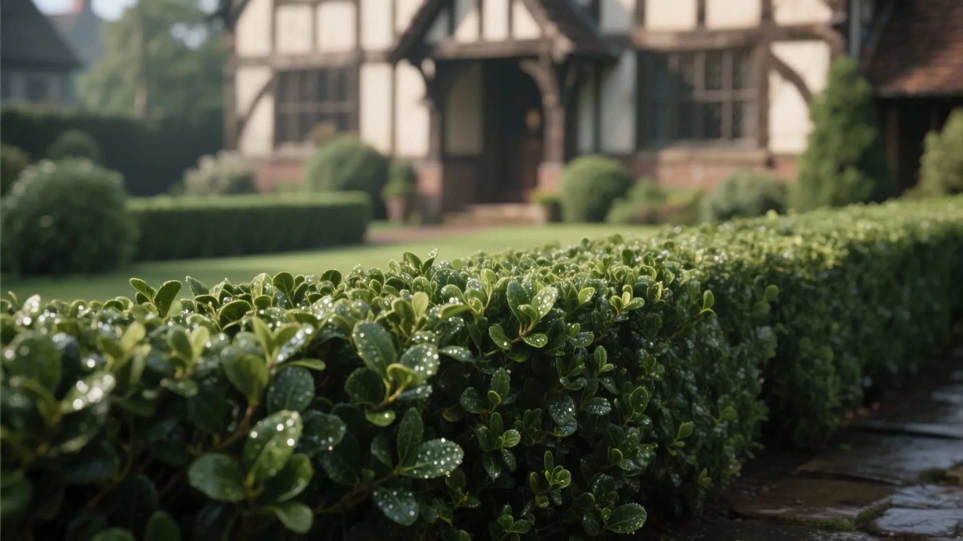 Green hedge with water drops in front of a traditional house with lawn and garden
