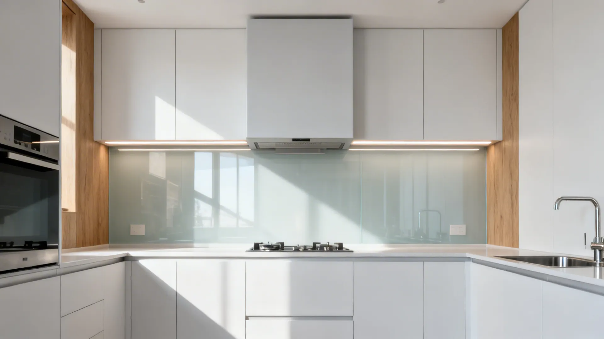 Modern white kitchen featuring glass backsplash white cabinets boxy range hood oven sink and wood