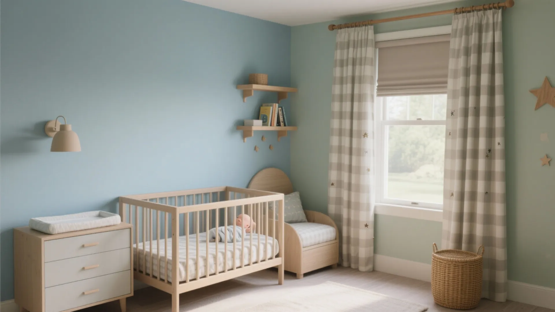 Nursery interior design with wooden bed white cabinet wall light shelves and checked window curtain set