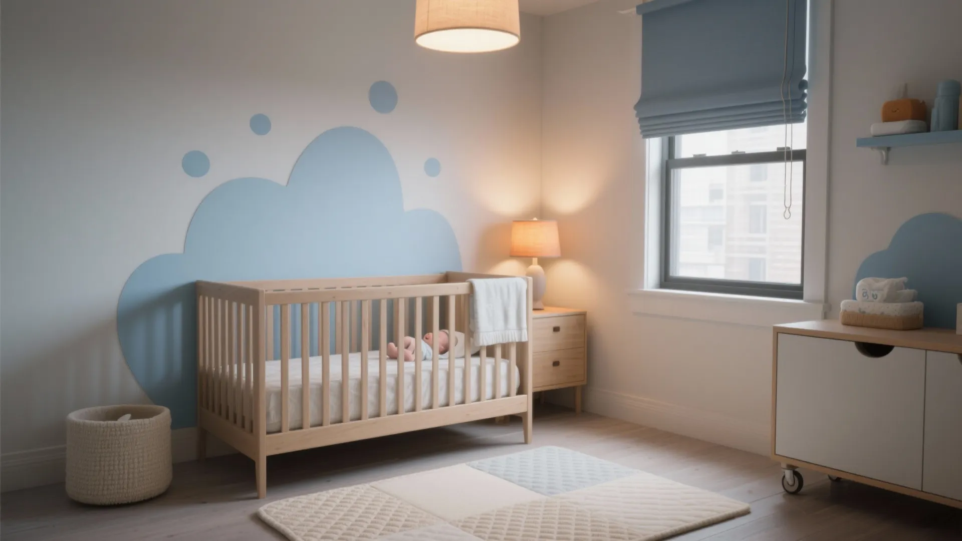 Modern baby nursery with wooden crib blue cloud wall art ceiling light and blue window blind