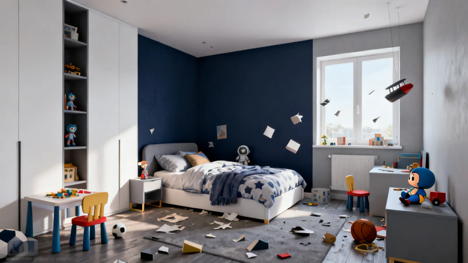 boys bedroom with navy accent wall behind bed and modern furniture
