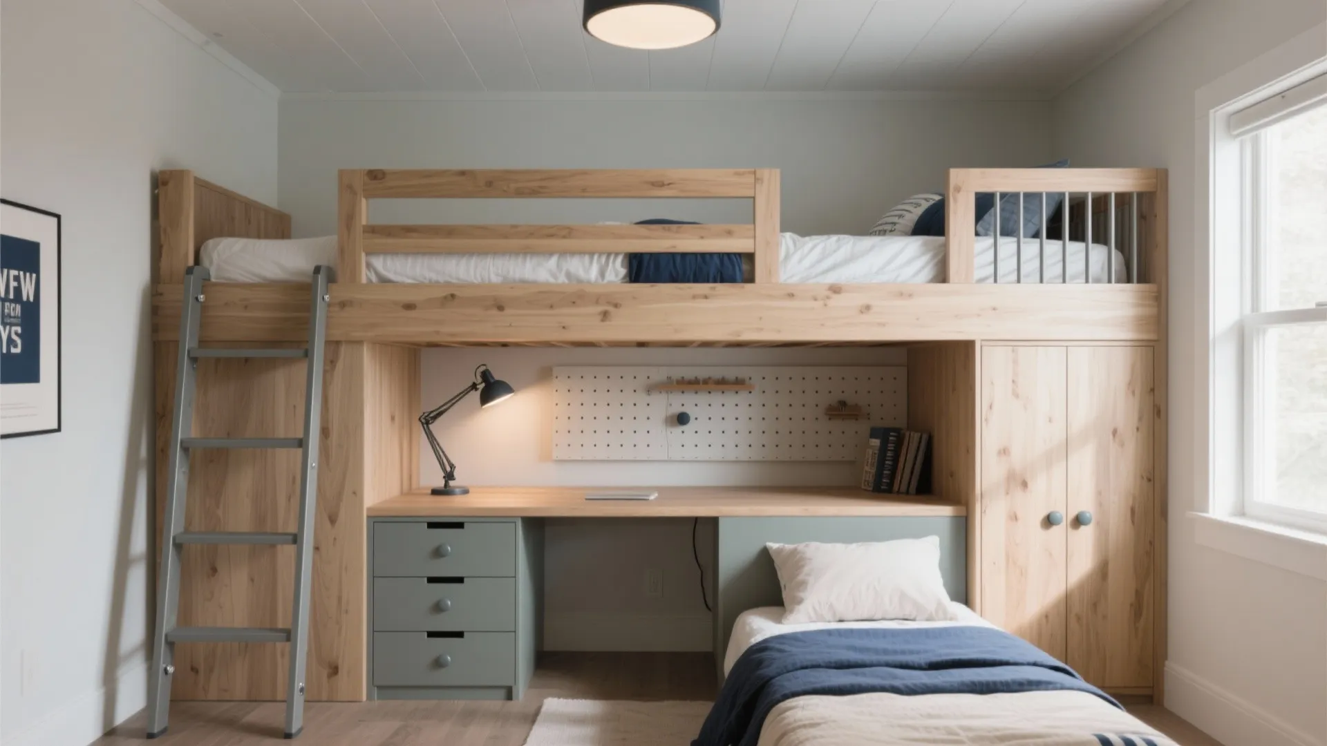 Wooden bunk bed with built-in desk, ladder, green drawers, and white walls in kids room
