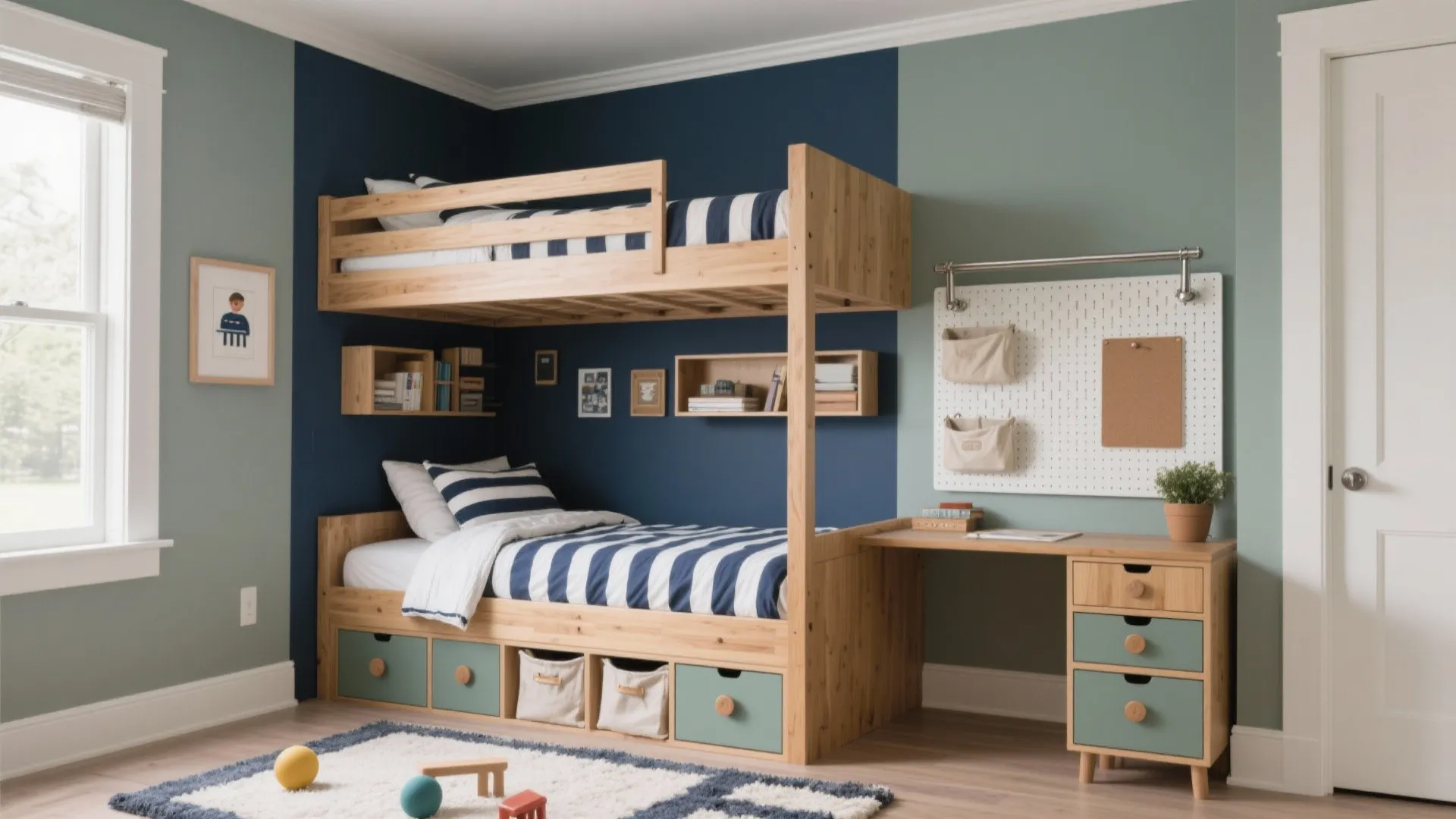 Modern kids bedroom with wooden bunk bed desk storage drawers pegboard and blue accent wall