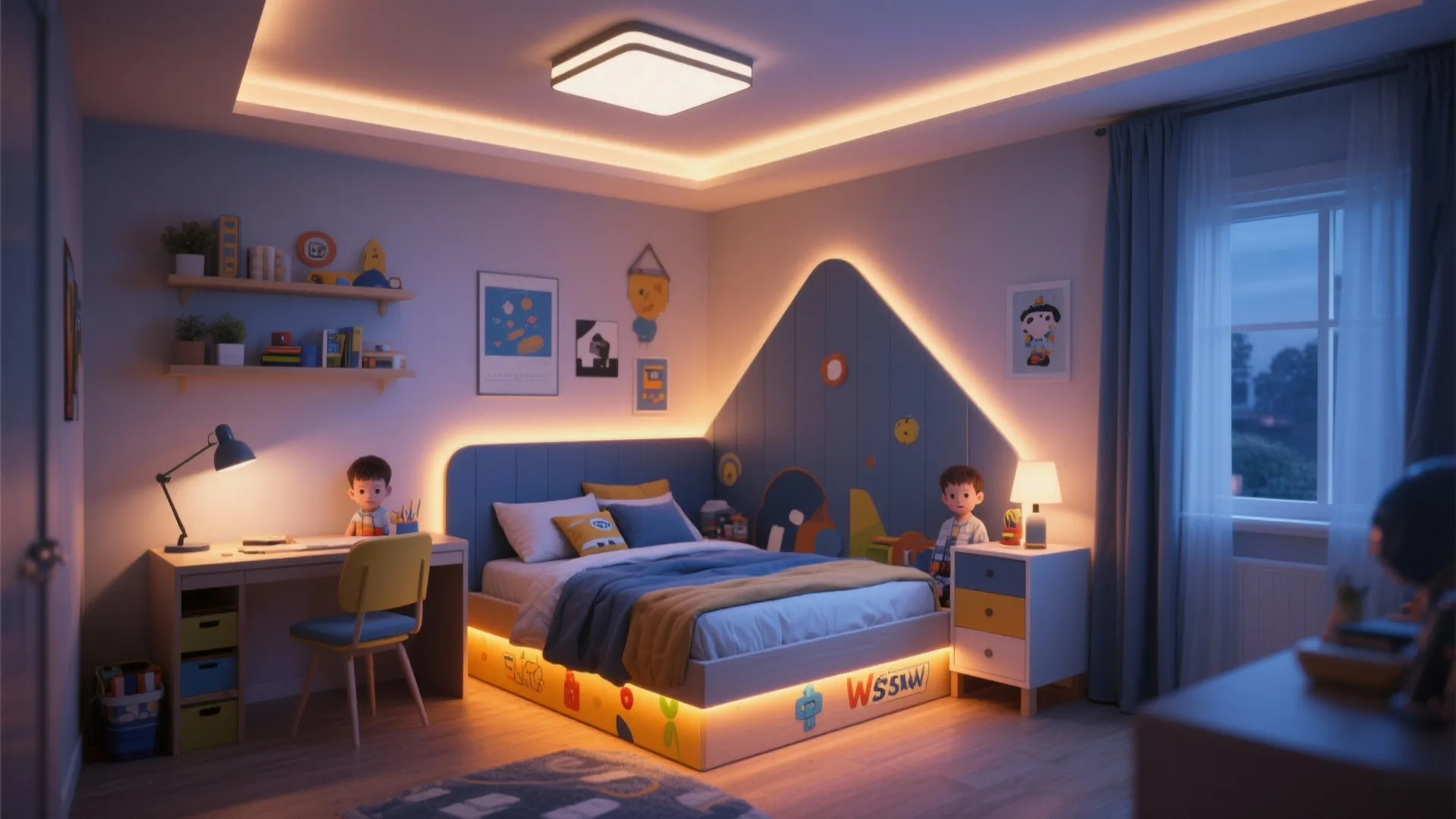Boys’ bedroom with ceiling light, desk lamp, and LED strip lighting