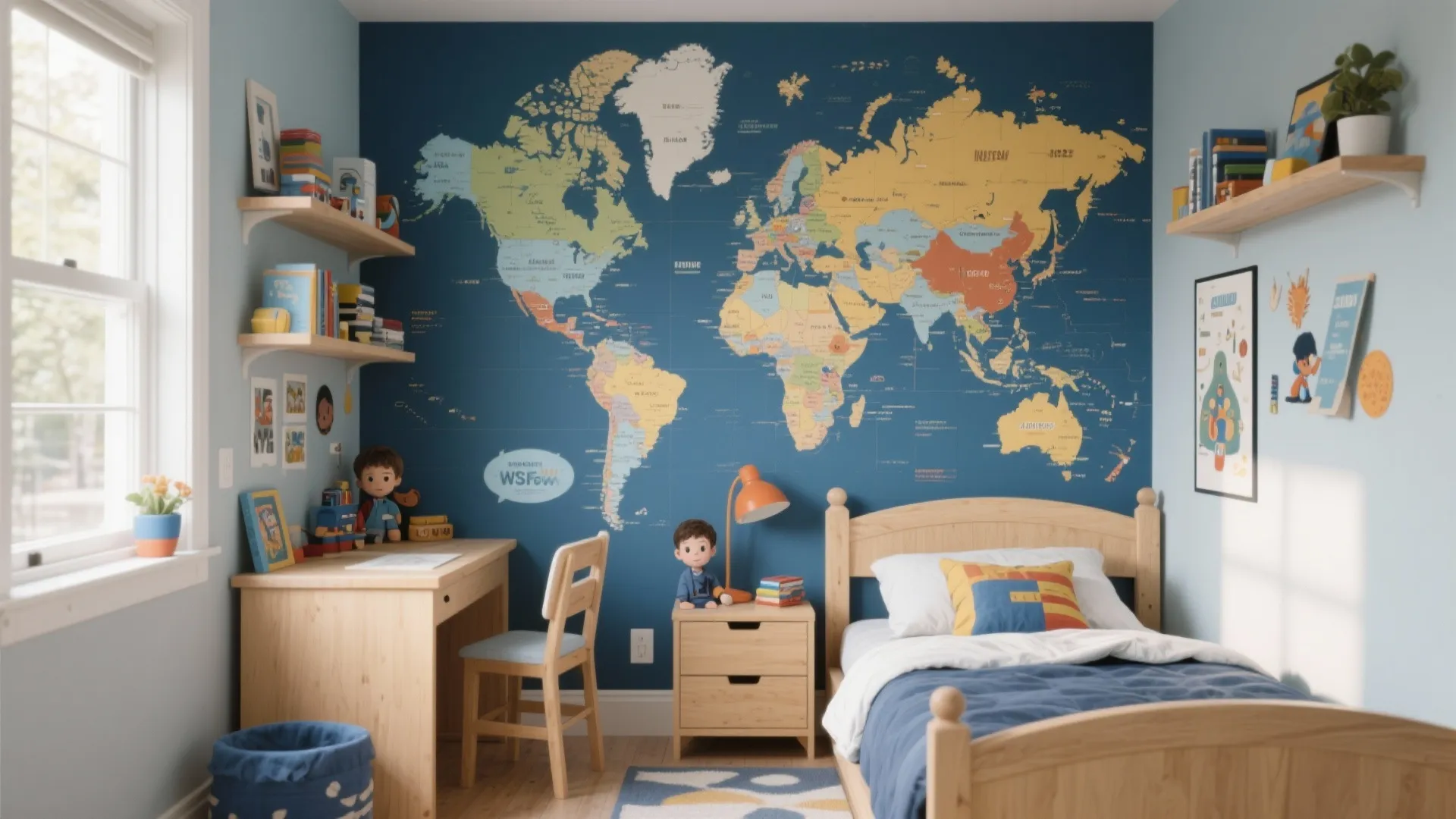 Compact boys’ bedroom with a themed world map accent wall