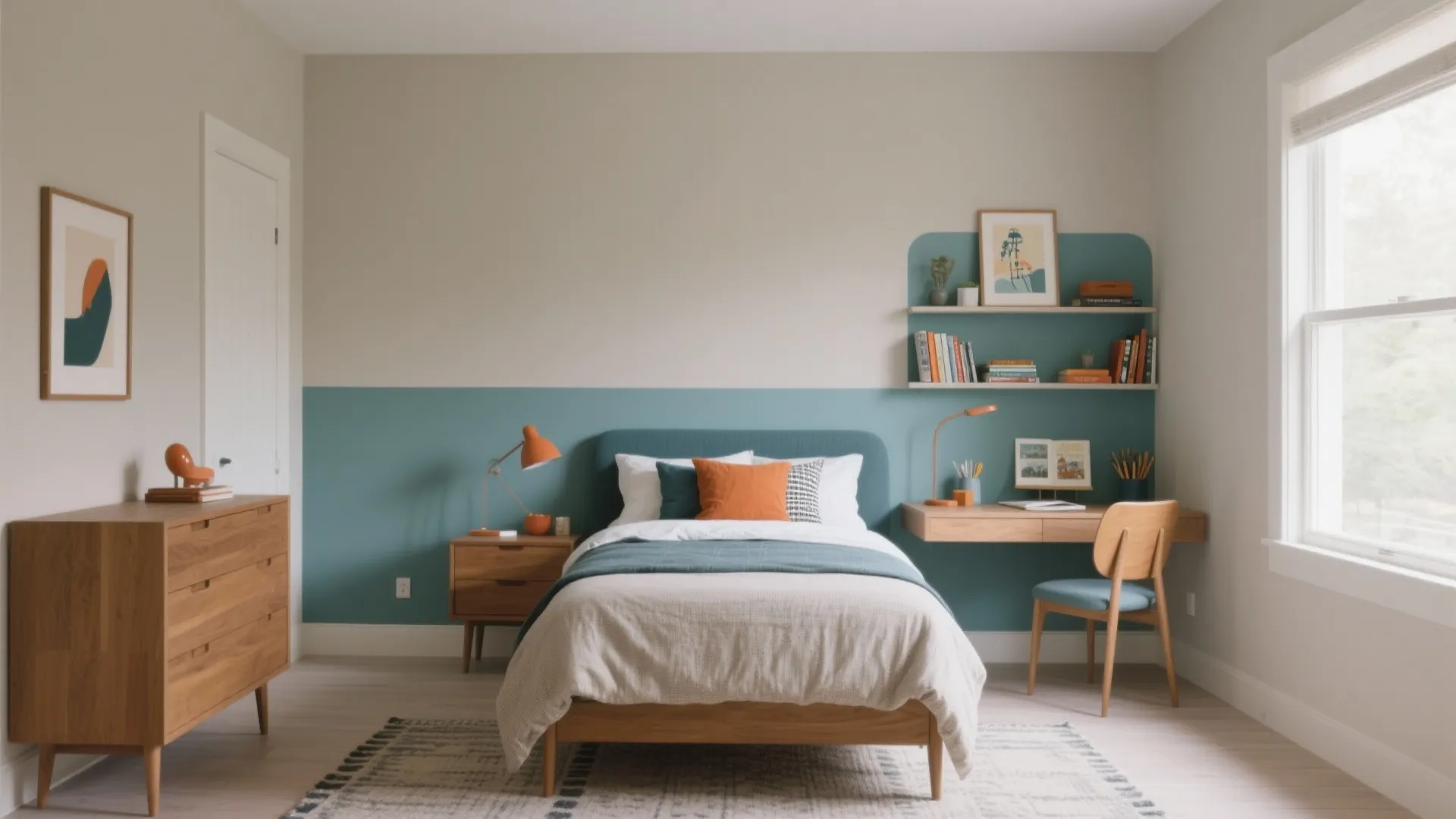 Modern boy bedroom with blue two-toned wall, wooden cabinet, bed, small desk, and large window