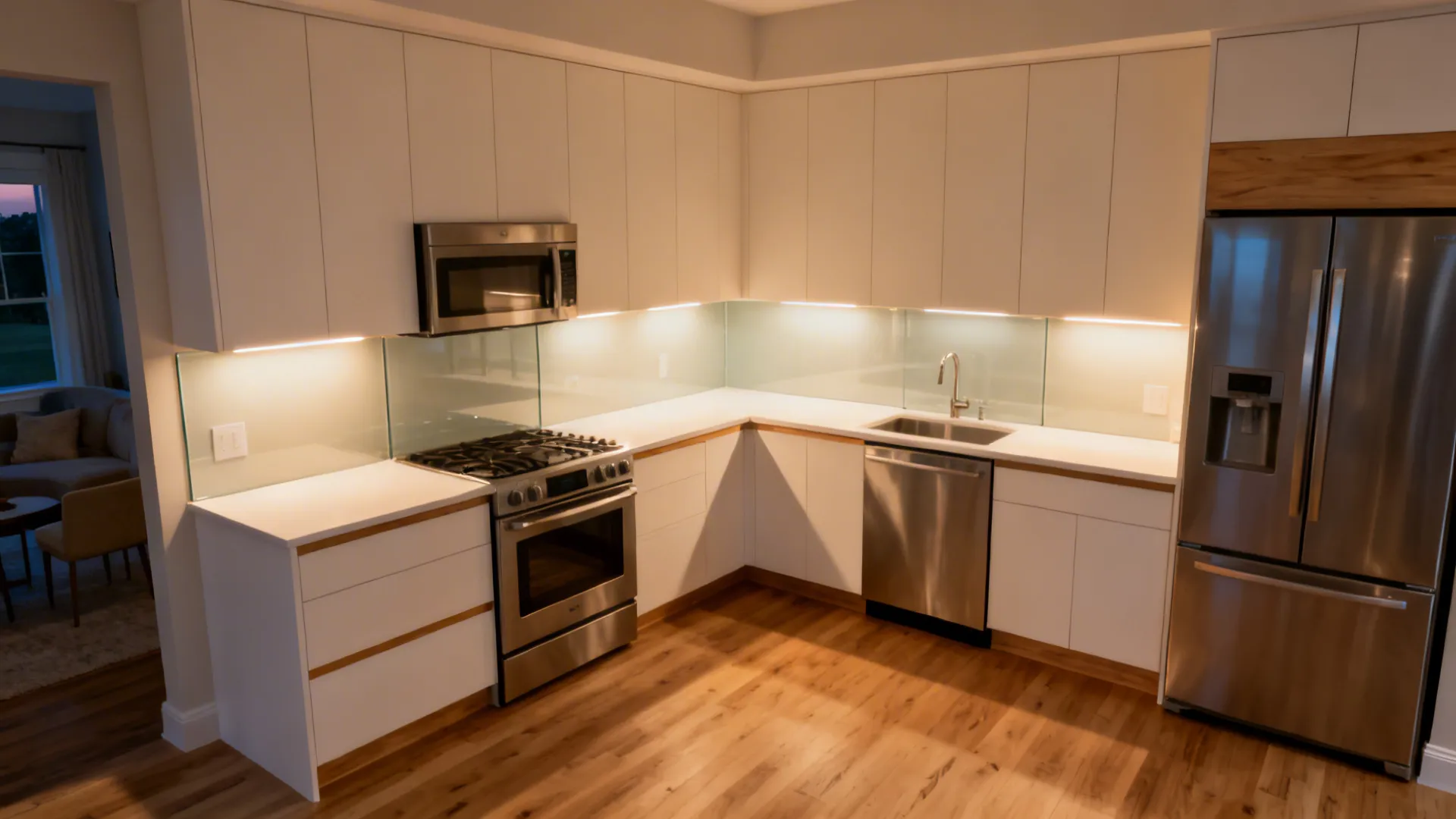 Compact L-shaped kitchen in Baton Rouge with glass backsplash, wood accents, and layered lighting.