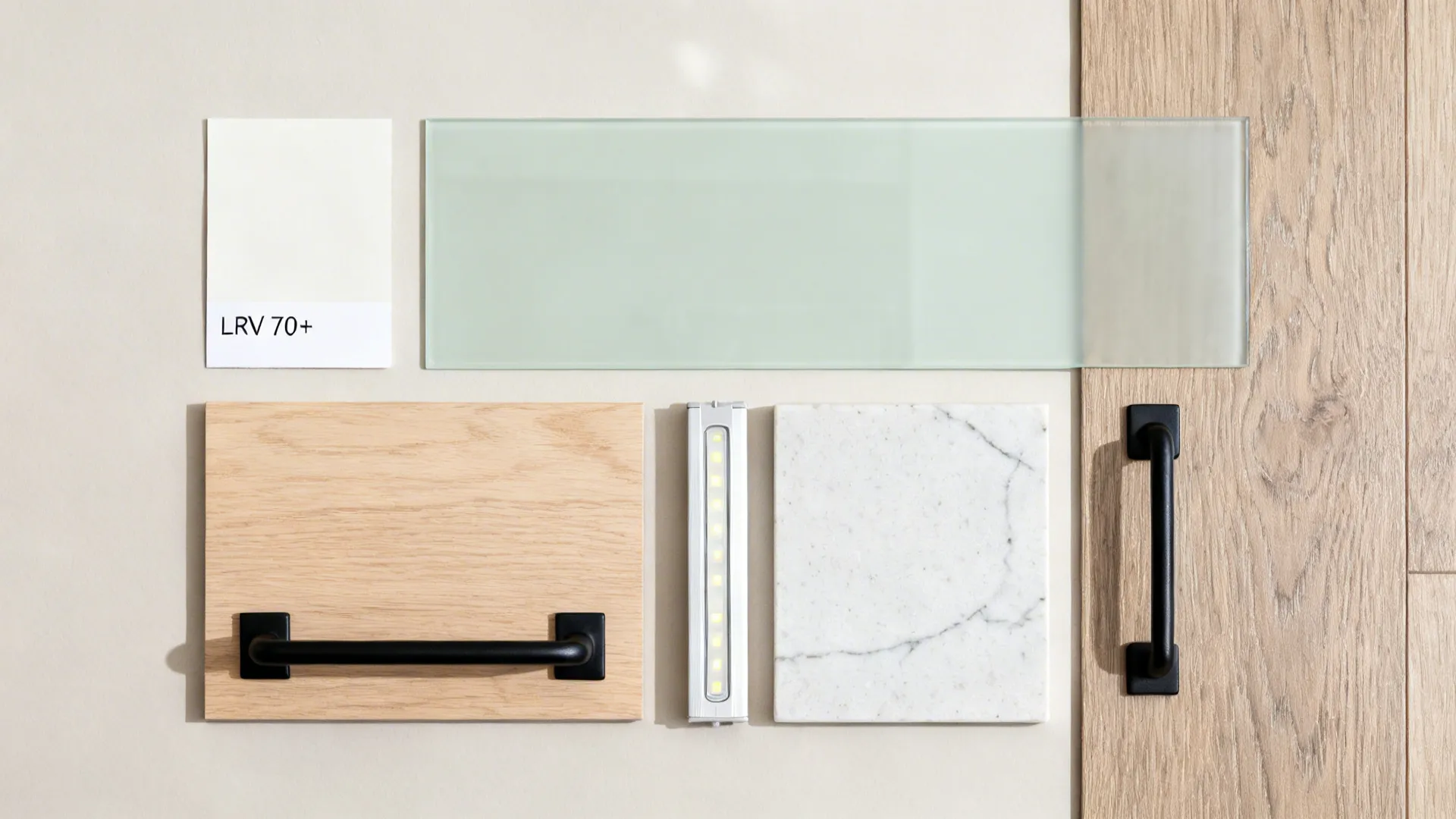 Flat lay of warm white paint, pale sage glass, oak veneer, matte black hardware, quartz, LED strip, and LVP plank.