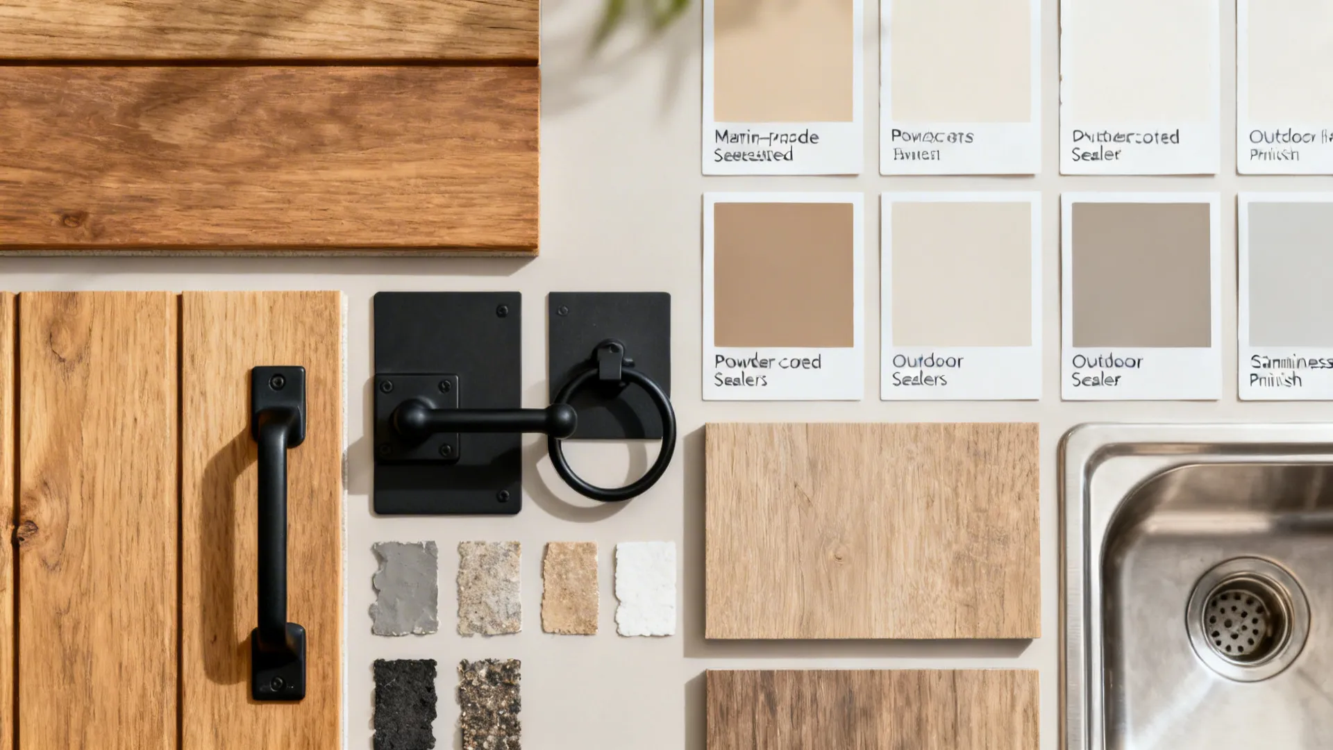 Top-down material board with sealed timber, powder-coated hardware, and sink finishes.