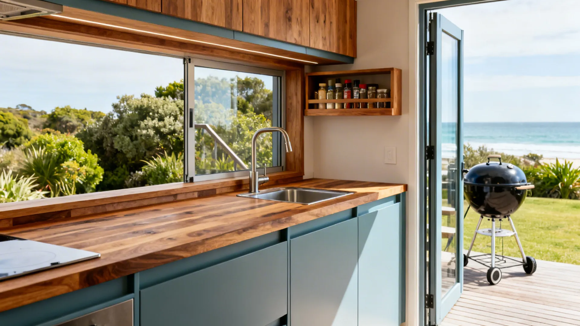 Compact prep station by a sliding door with butcher block and small sink for braai flow.