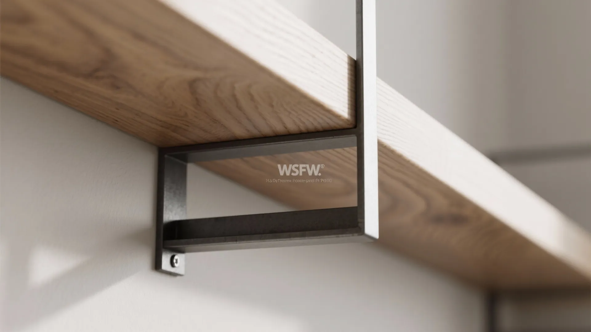 Close up view of a black metal wall bracket supporting a thick light wood shelf