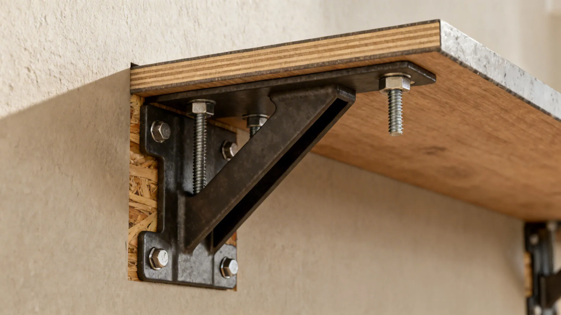 Close-up of wall-mounted bar bracket and cleat anchored into a stud for durability